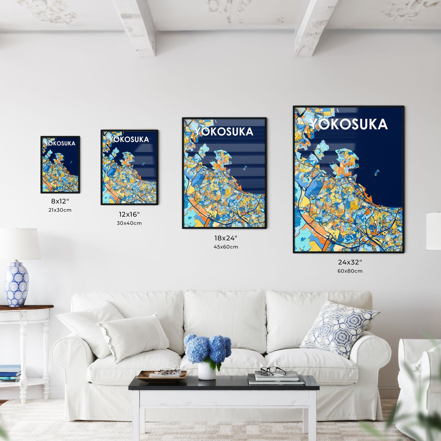 YOKOSUKA JAPAN Vibrant Colorful Art Map Poster Blue Orange