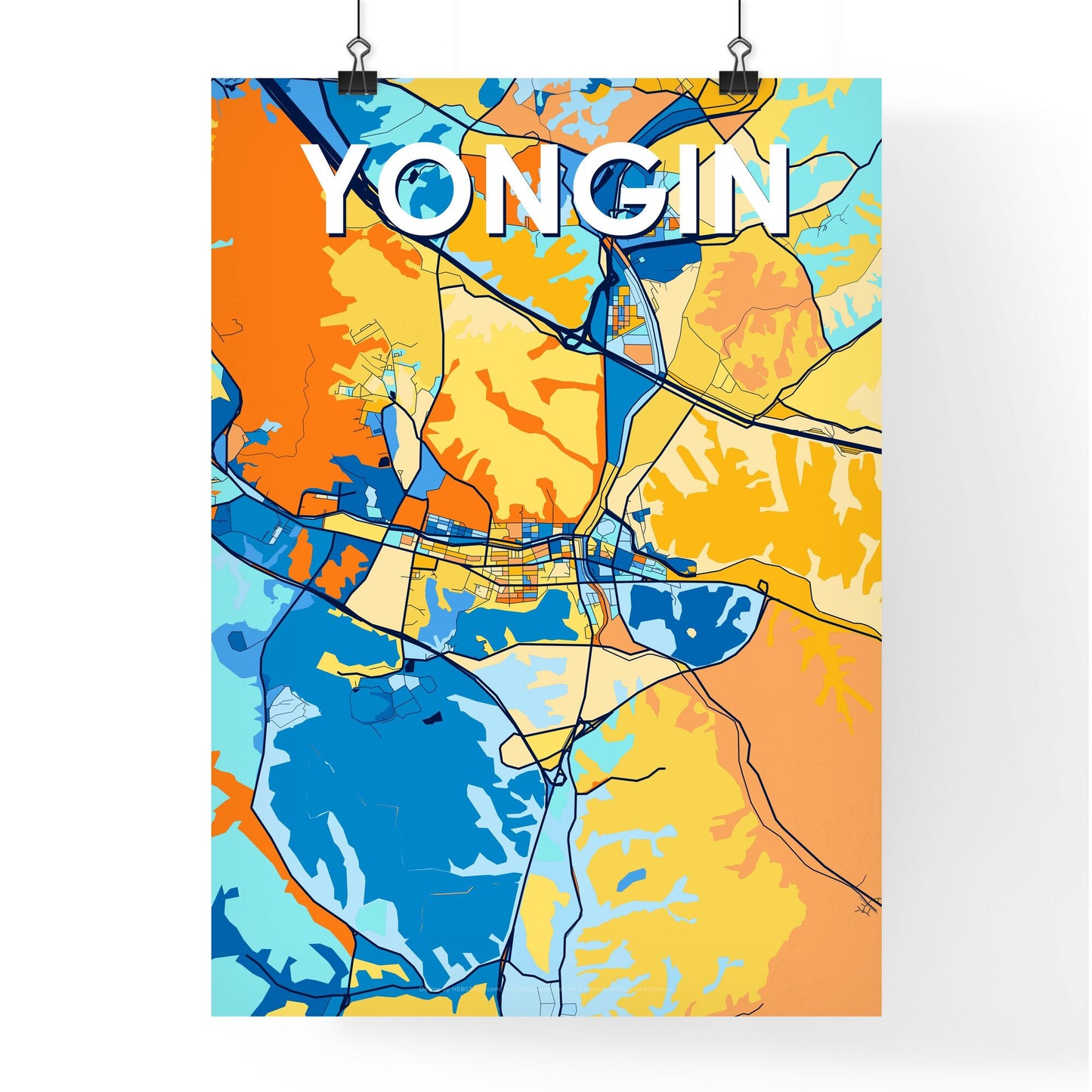 YONGIN SOUTH KOREA Vibrant Colorful Art Map Poster Blue Orange