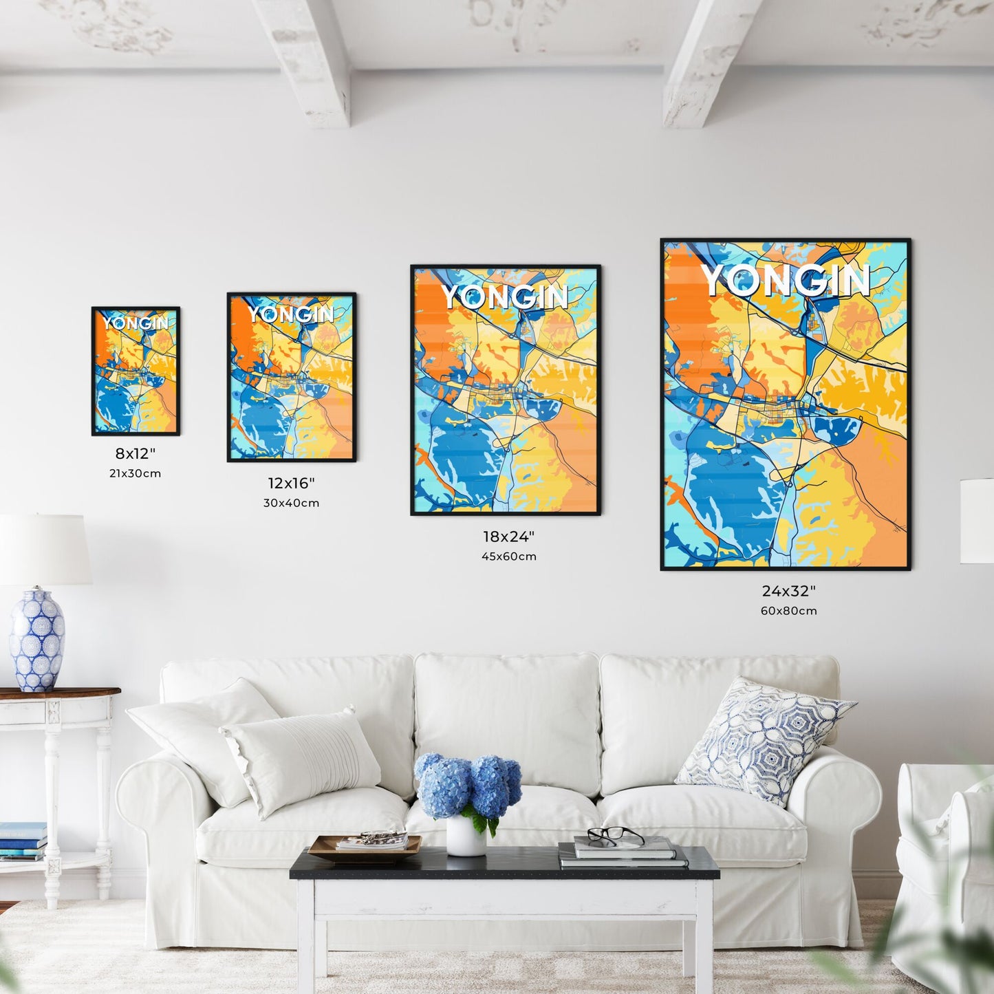 YONGIN SOUTH KOREA Vibrant Colorful Art Map Poster Blue Orange