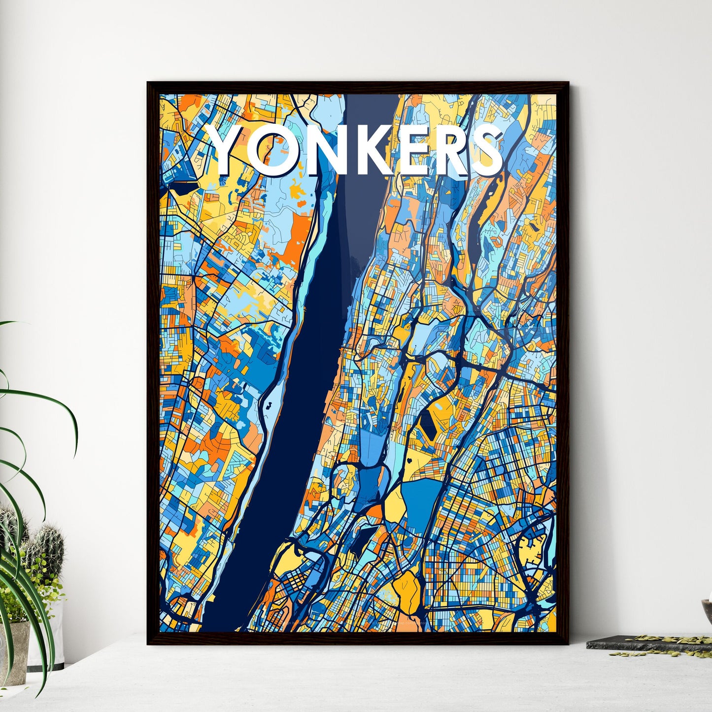 YONKERS NEW YORK Vibrant Colorful Art Map Poster Blue Orange