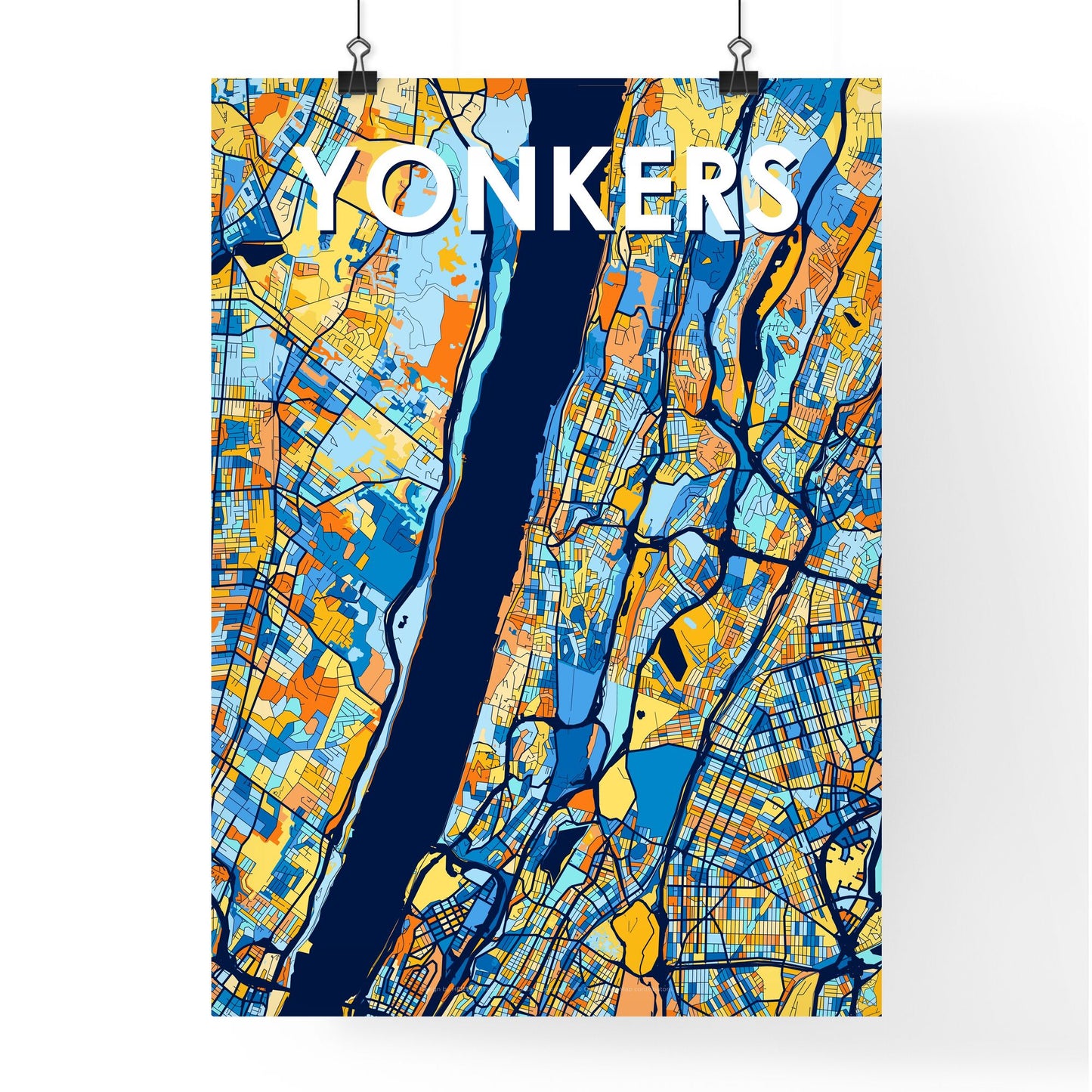 YONKERS NEW YORK Vibrant Colorful Art Map Poster Blue Orange