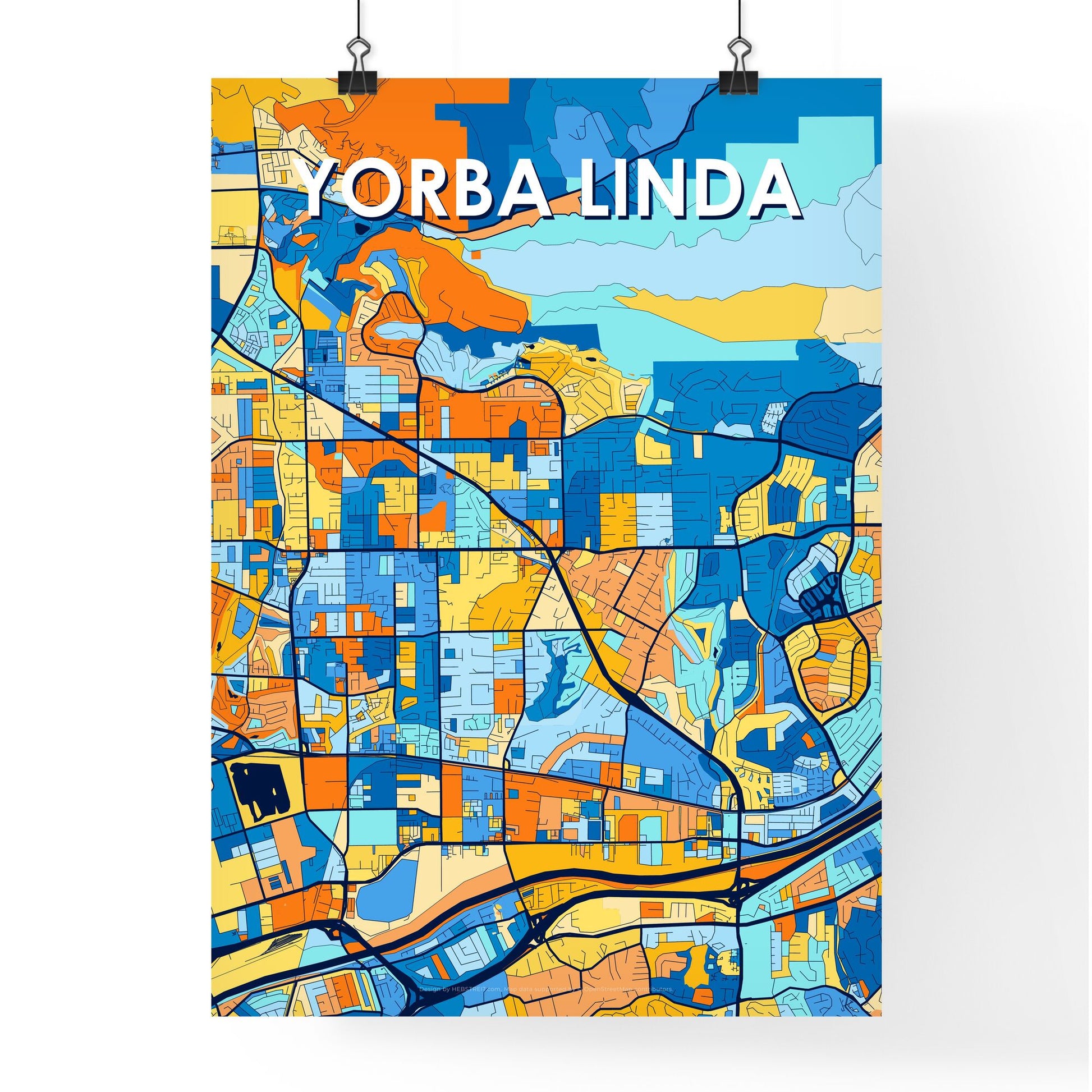 YORBA LINDA CALIFORNIA Vibrant Colorful Art Map Poster Blue Orange