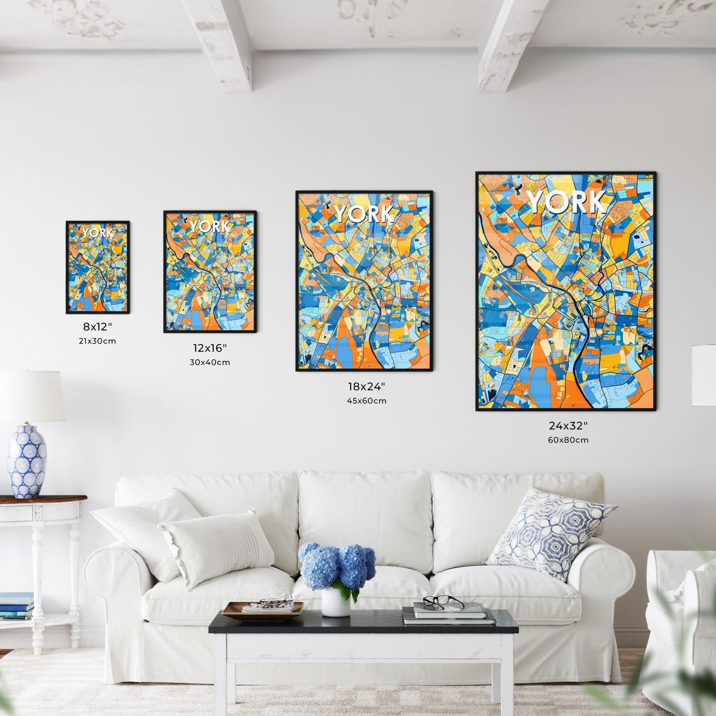 YORK ENGLAND Vibrant Colorful Art Map Poster Blue Orange