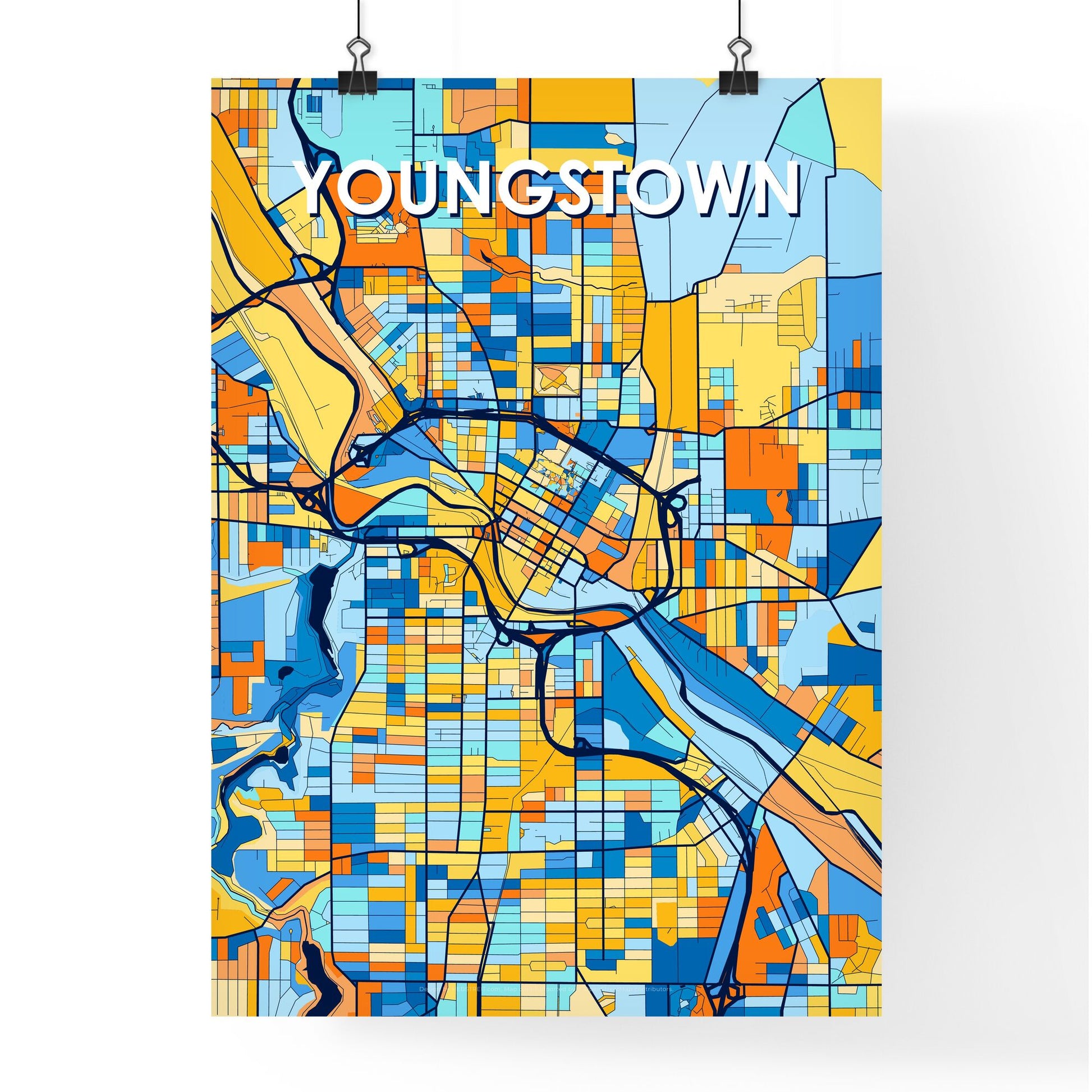 YOUNGSTOWN OHIO Vibrant Colorful Art Map Poster Blue Orange