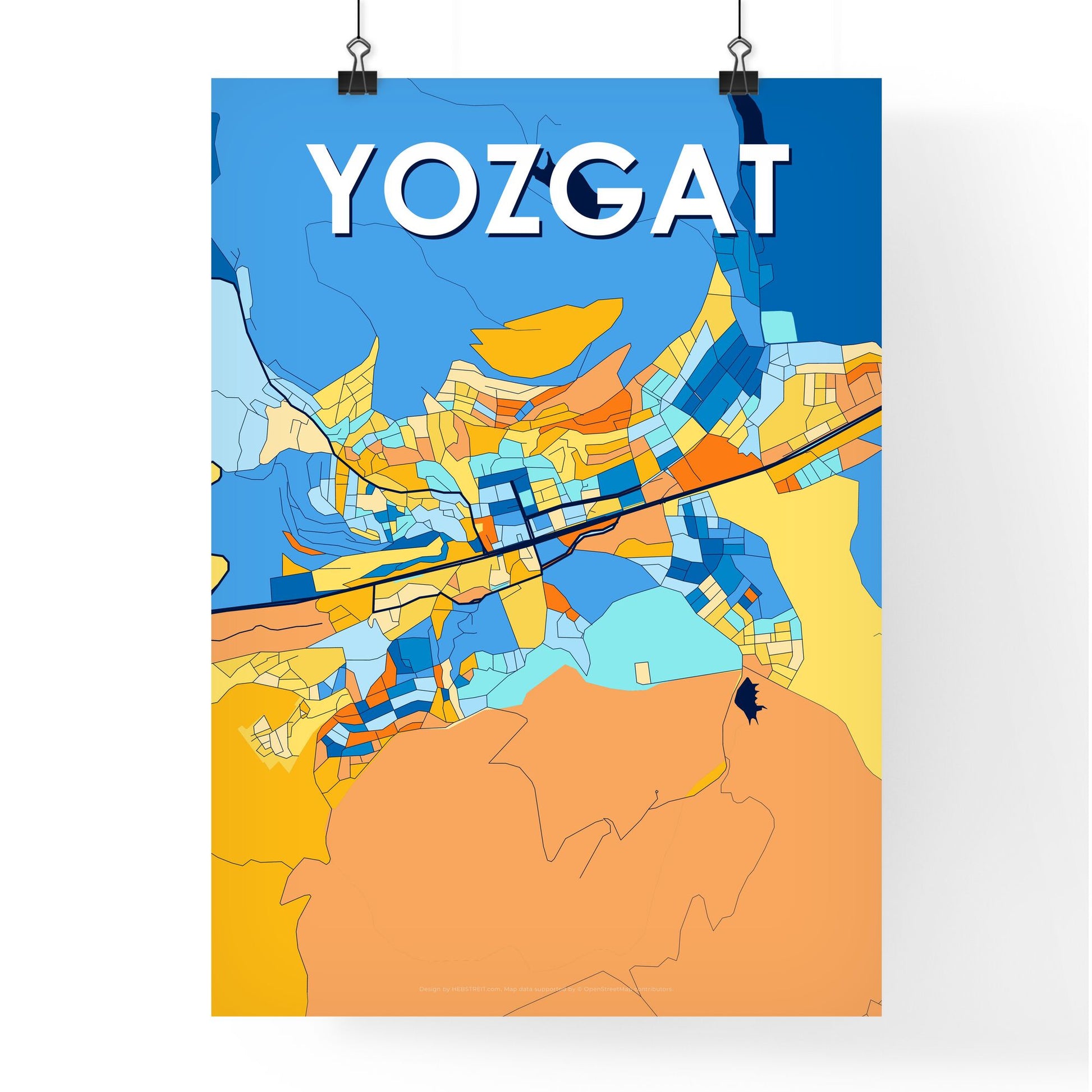 YOZGAT TURKEY Vibrant Colorful Art Map Poster Blue Orange