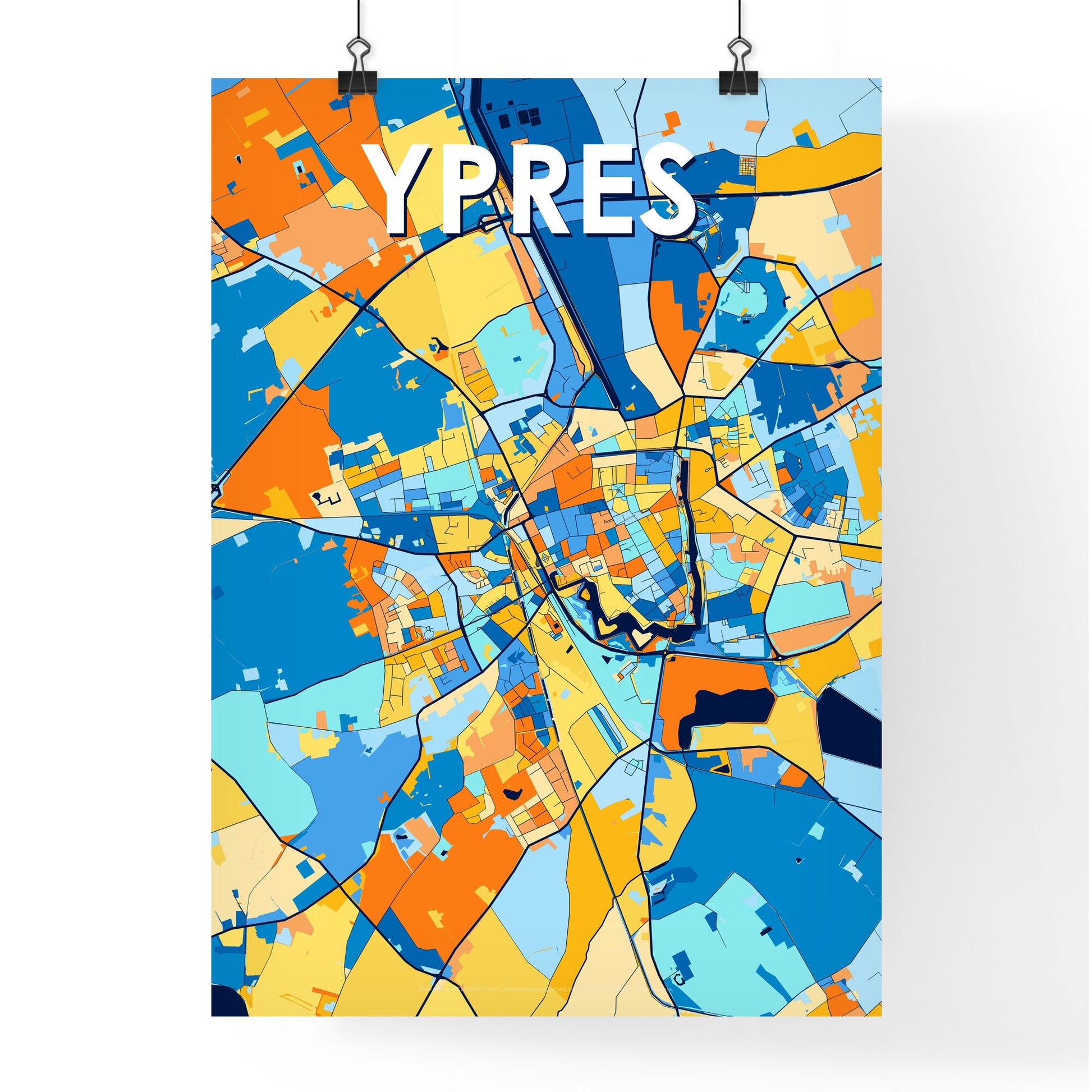 YPRES BELGIUM Vibrant Colorful Art Map Poster Blue Orange