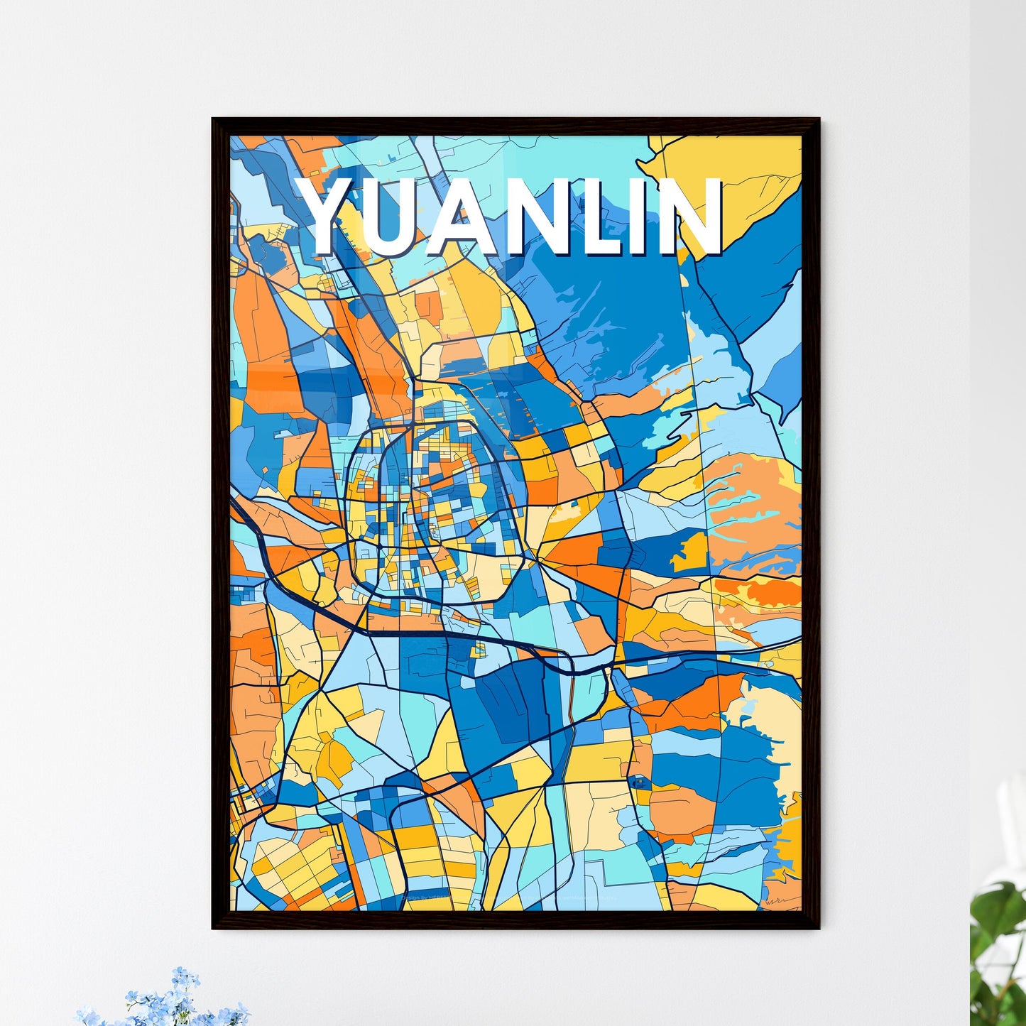 YUANLIN TAIWAN Vibrant Colorful Art Map Poster Blue Orange