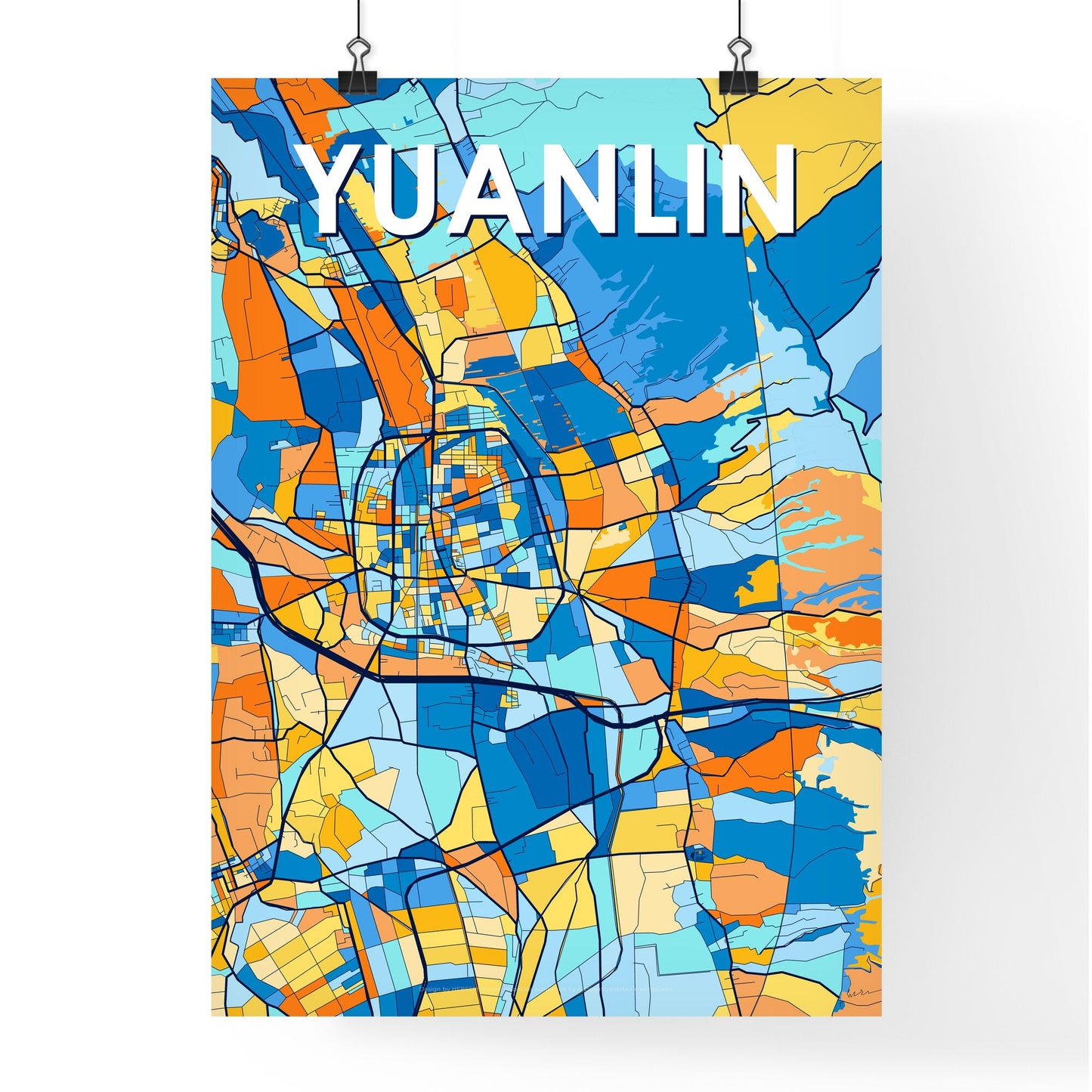 YUANLIN TAIWAN Vibrant Colorful Art Map Poster Blue Orange