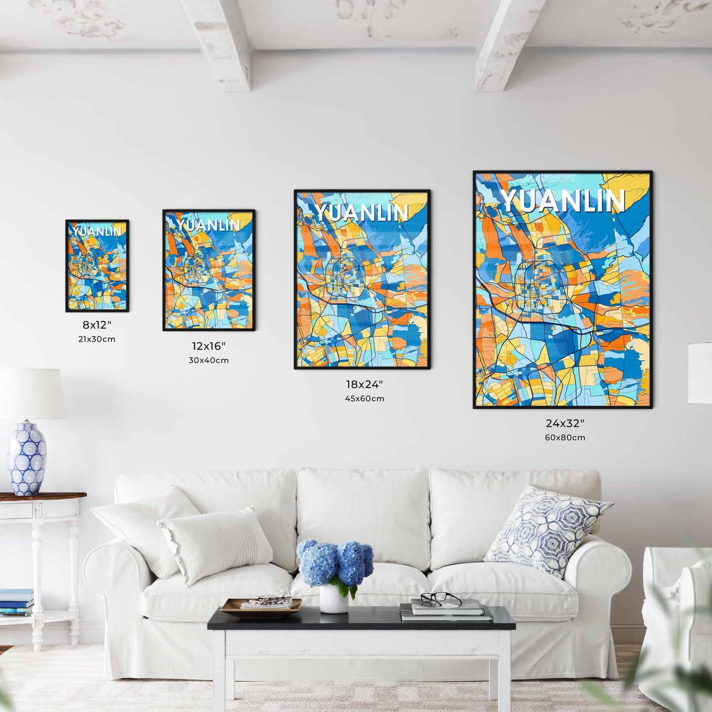 YUANLIN TAIWAN Vibrant Colorful Art Map Poster Blue Orange