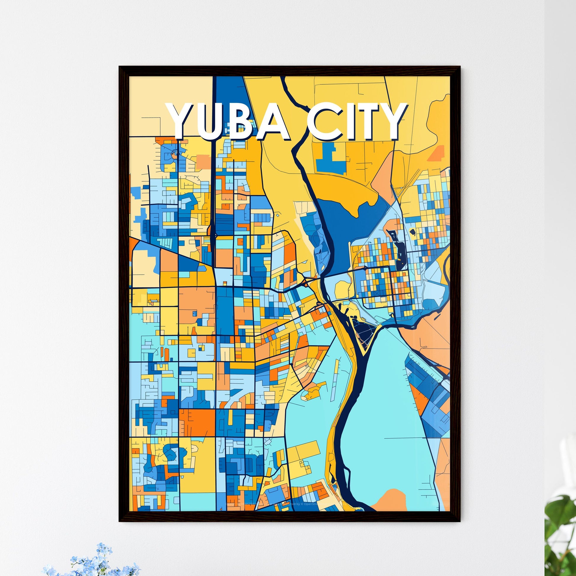 YUBA CITY CALIFORNIA Vibrant Colorful Art Map Poster Blue Orange