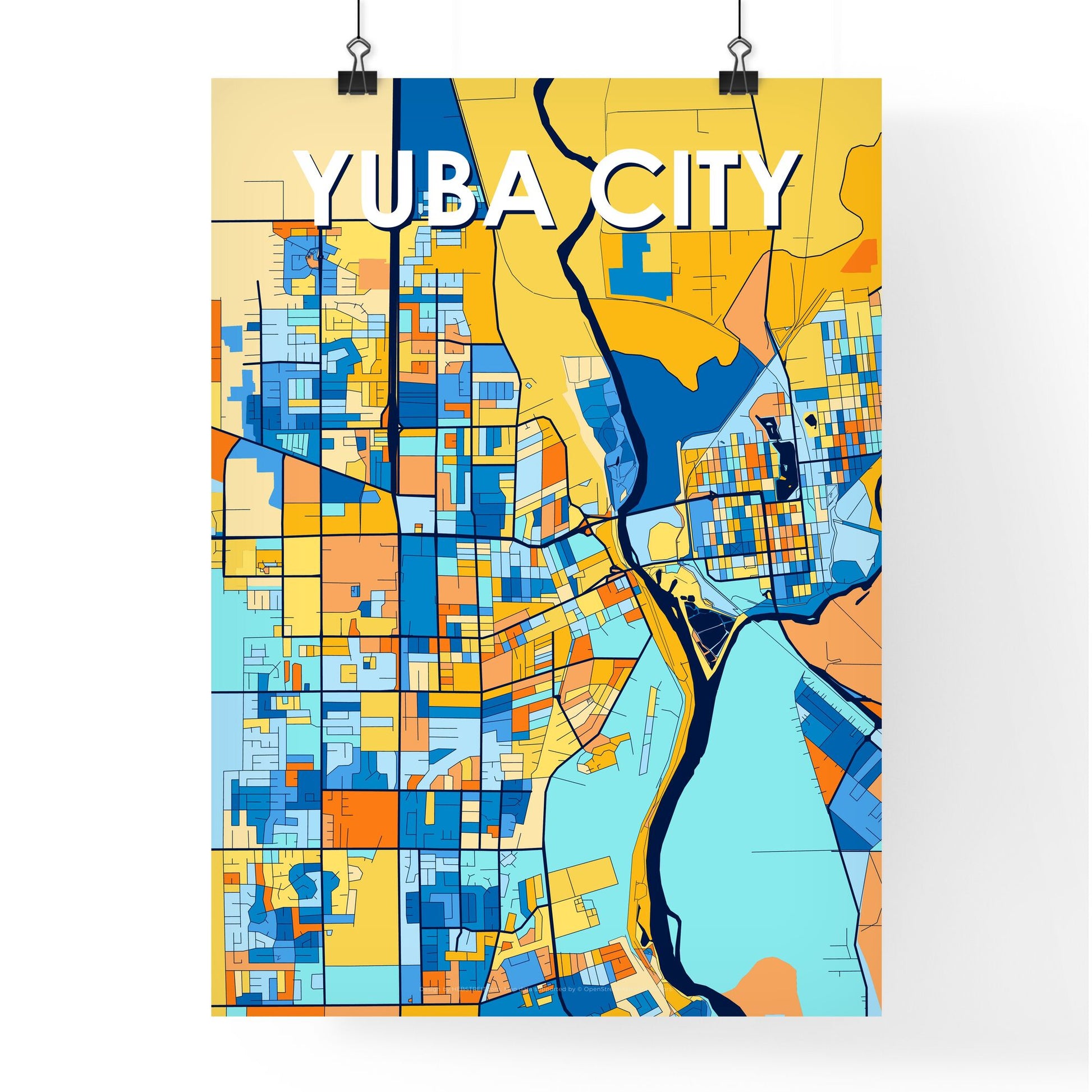 YUBA CITY CALIFORNIA Vibrant Colorful Art Map Poster Blue Orange