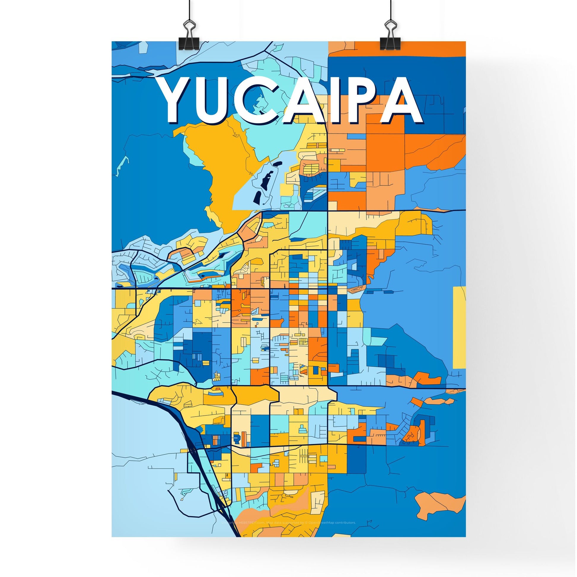 YUCAIPA CALIFORNIA Vibrant Colorful Art Map Poster Blue Orange