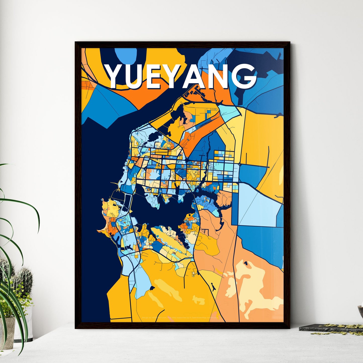 YUEYANG CHINA Vibrant Colorful Art Map Poster Blue Orange