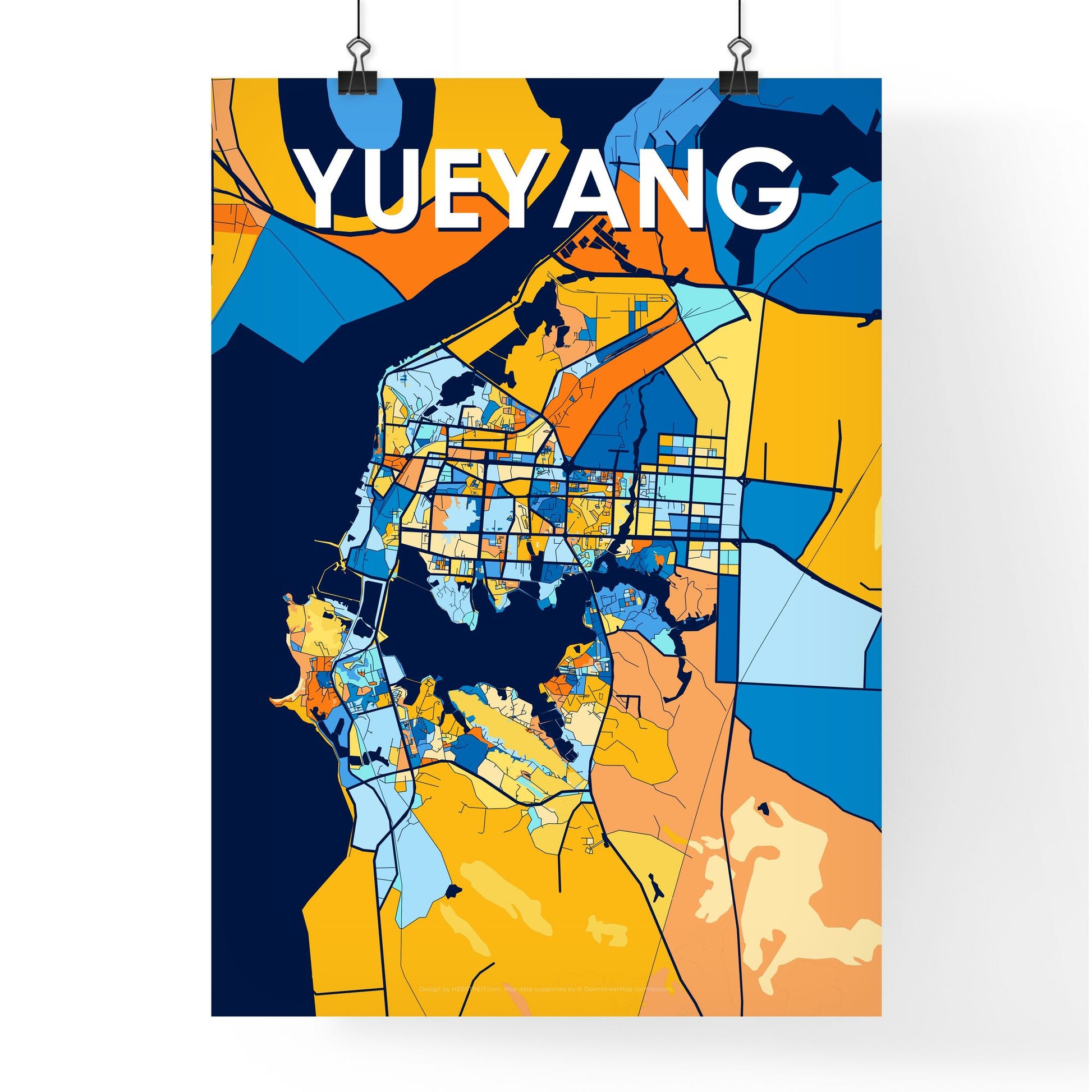 YUEYANG CHINA Vibrant Colorful Art Map Poster Blue Orange