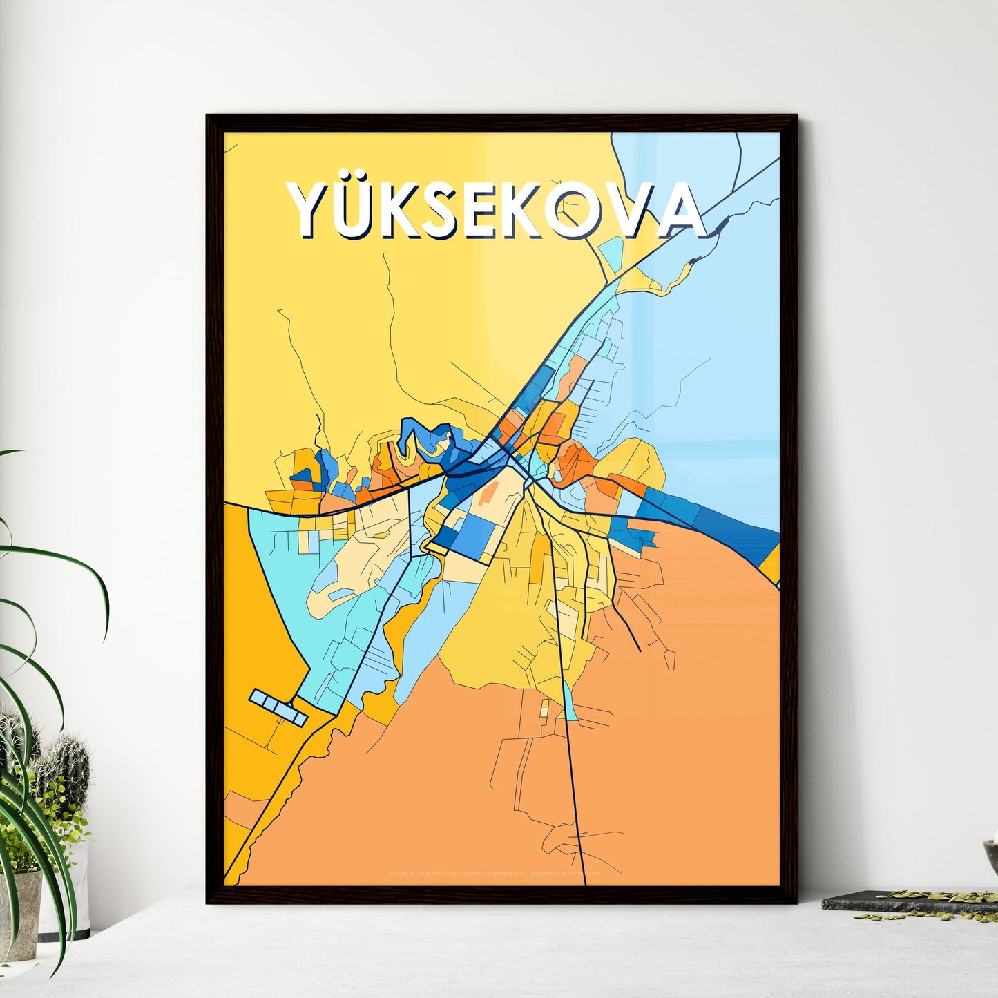 YÜKSEKOVA TURKEY Vibrant Colorful Art Map Poster Blue Orange