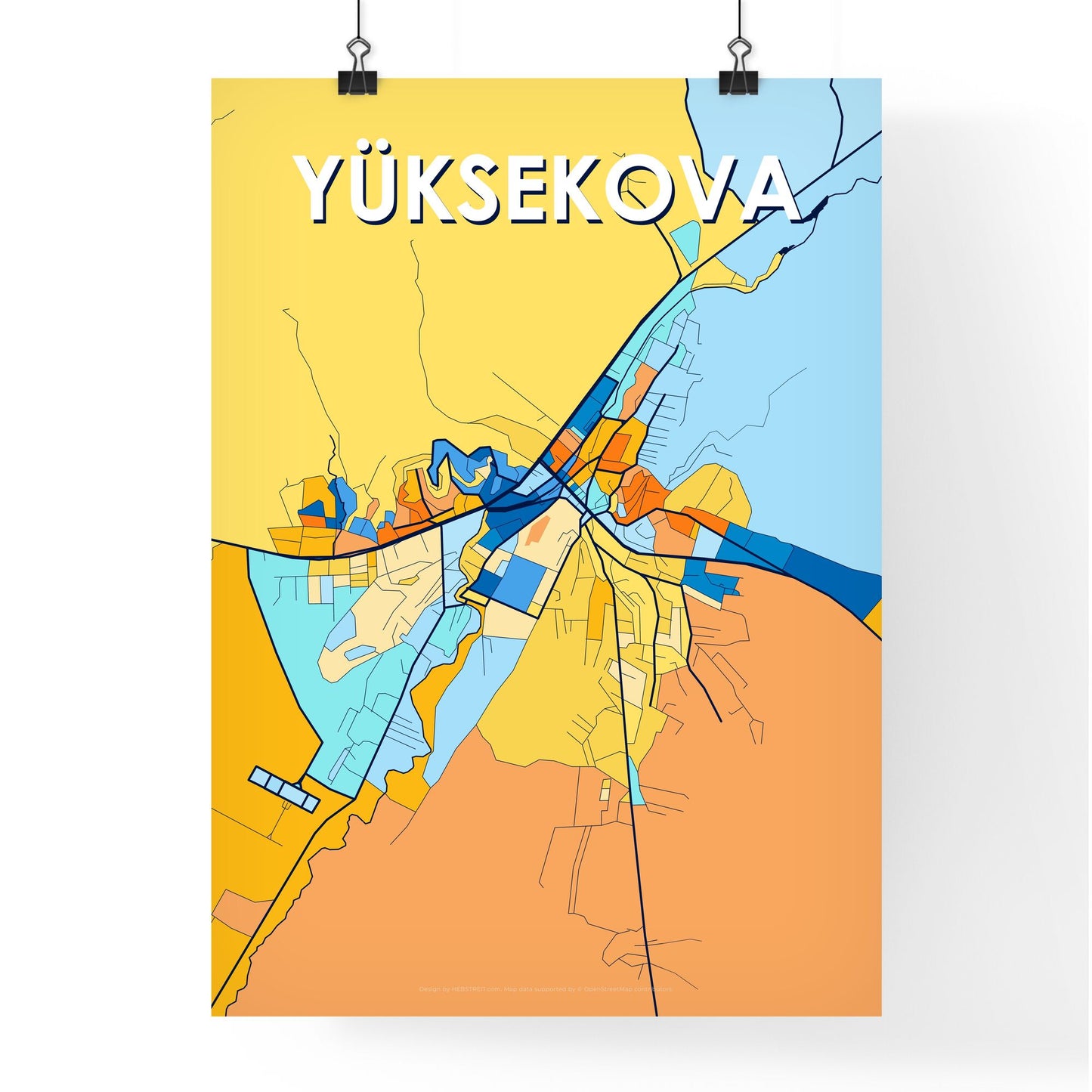 YÜKSEKOVA TURKEY Vibrant Colorful Art Map Poster Blue Orange