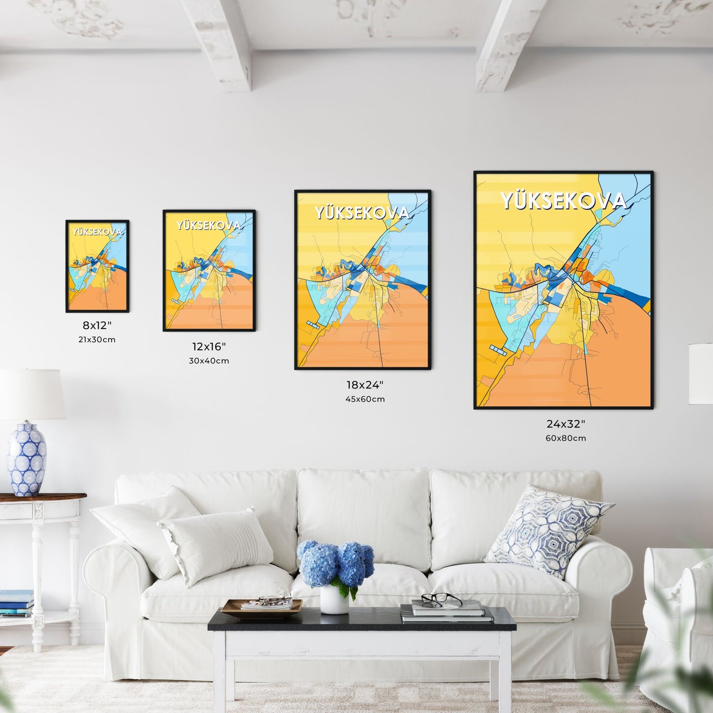 YÜKSEKOVA TURKEY Vibrant Colorful Art Map Poster Blue Orange