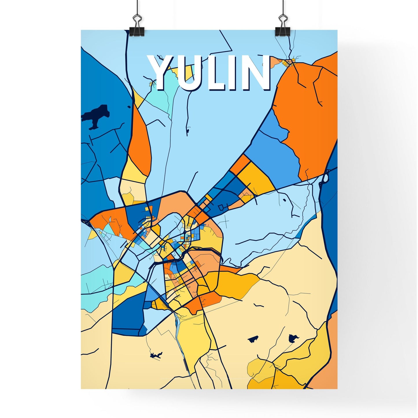 YULIN CHINA Vibrant Colorful Art Map Poster Blue Orange