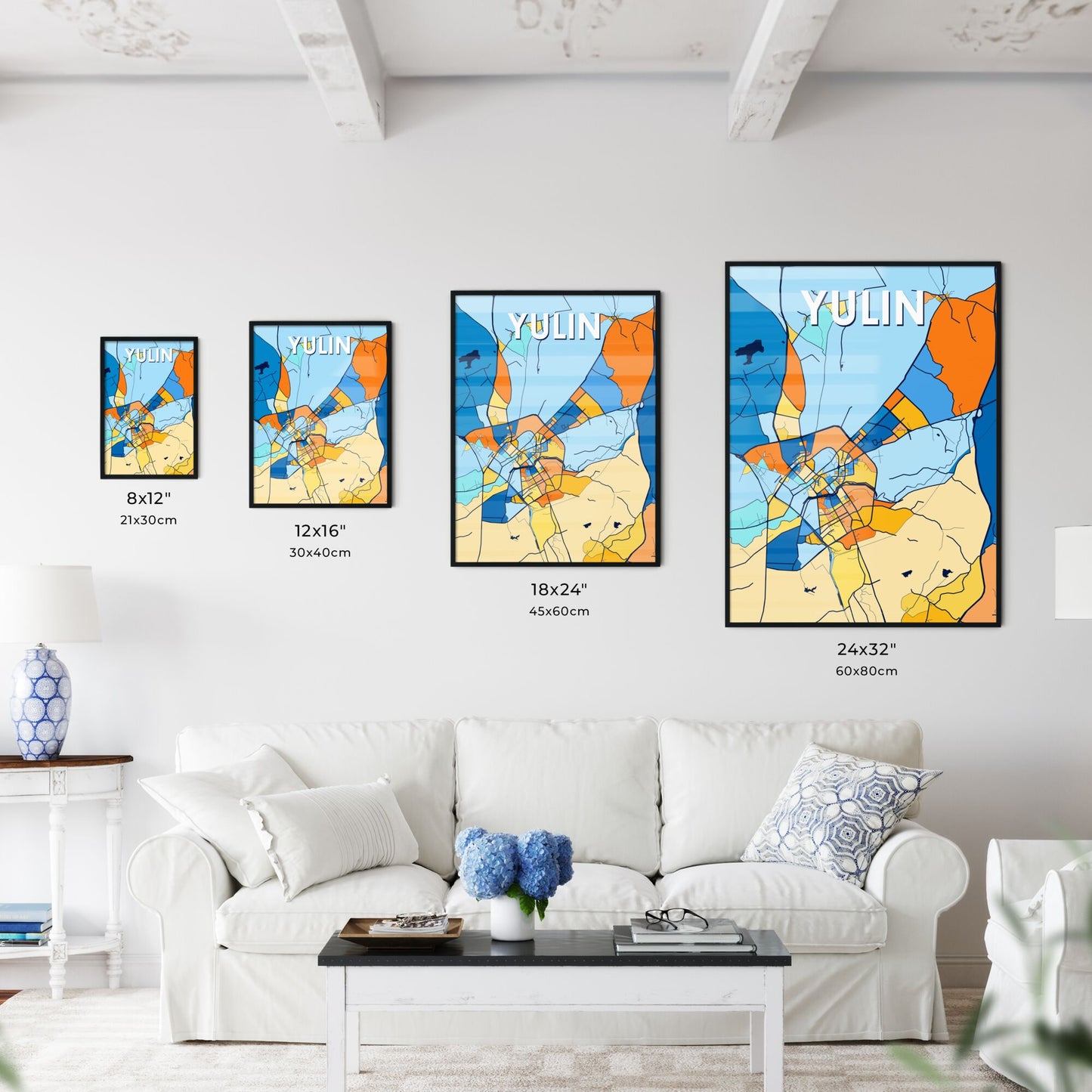 YULIN CHINA Vibrant Colorful Art Map Poster Blue Orange