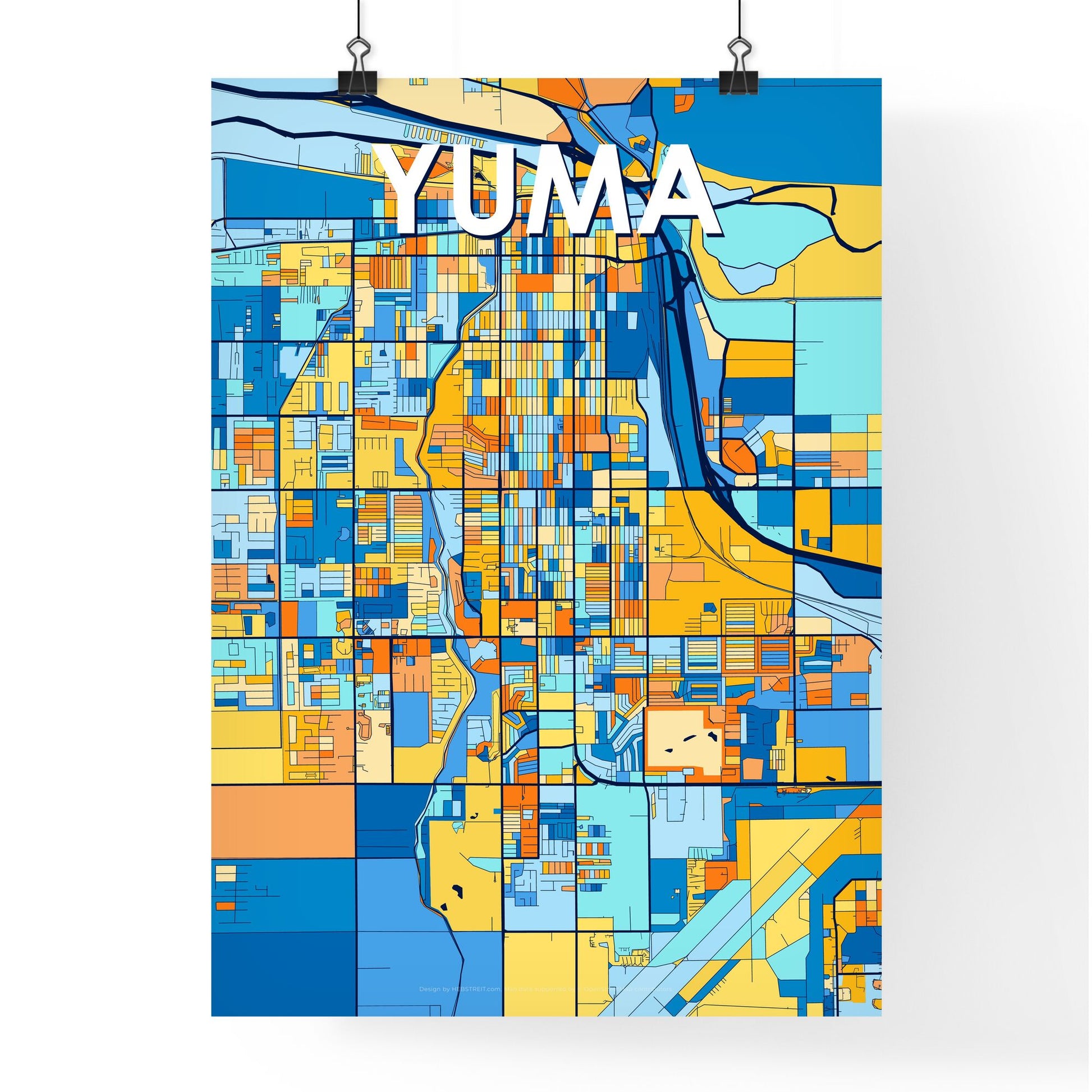 YUMA ARIZONA Vibrant Colorful Art Map Poster Blue Orange