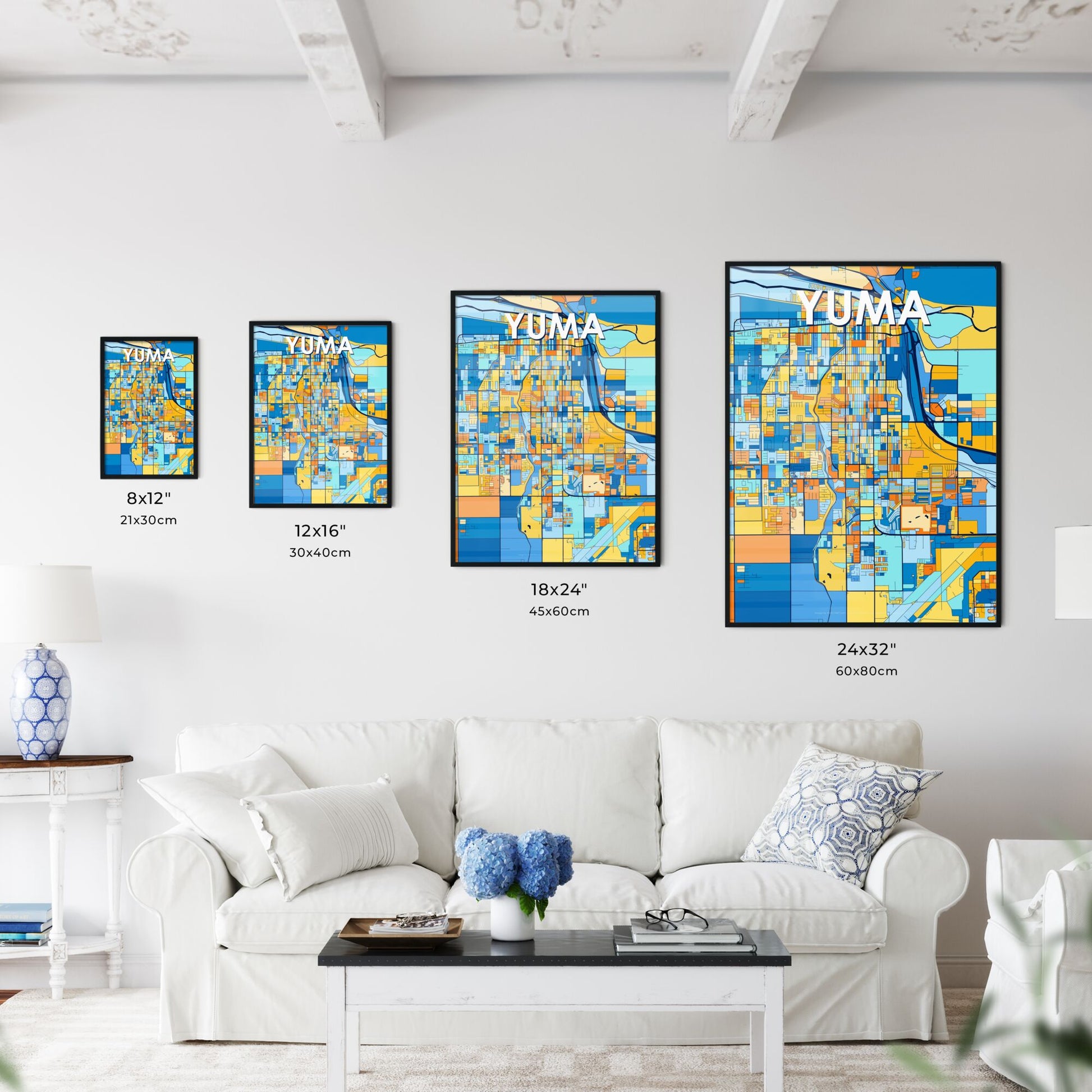 YUMA ARIZONA Vibrant Colorful Art Map Poster Blue Orange