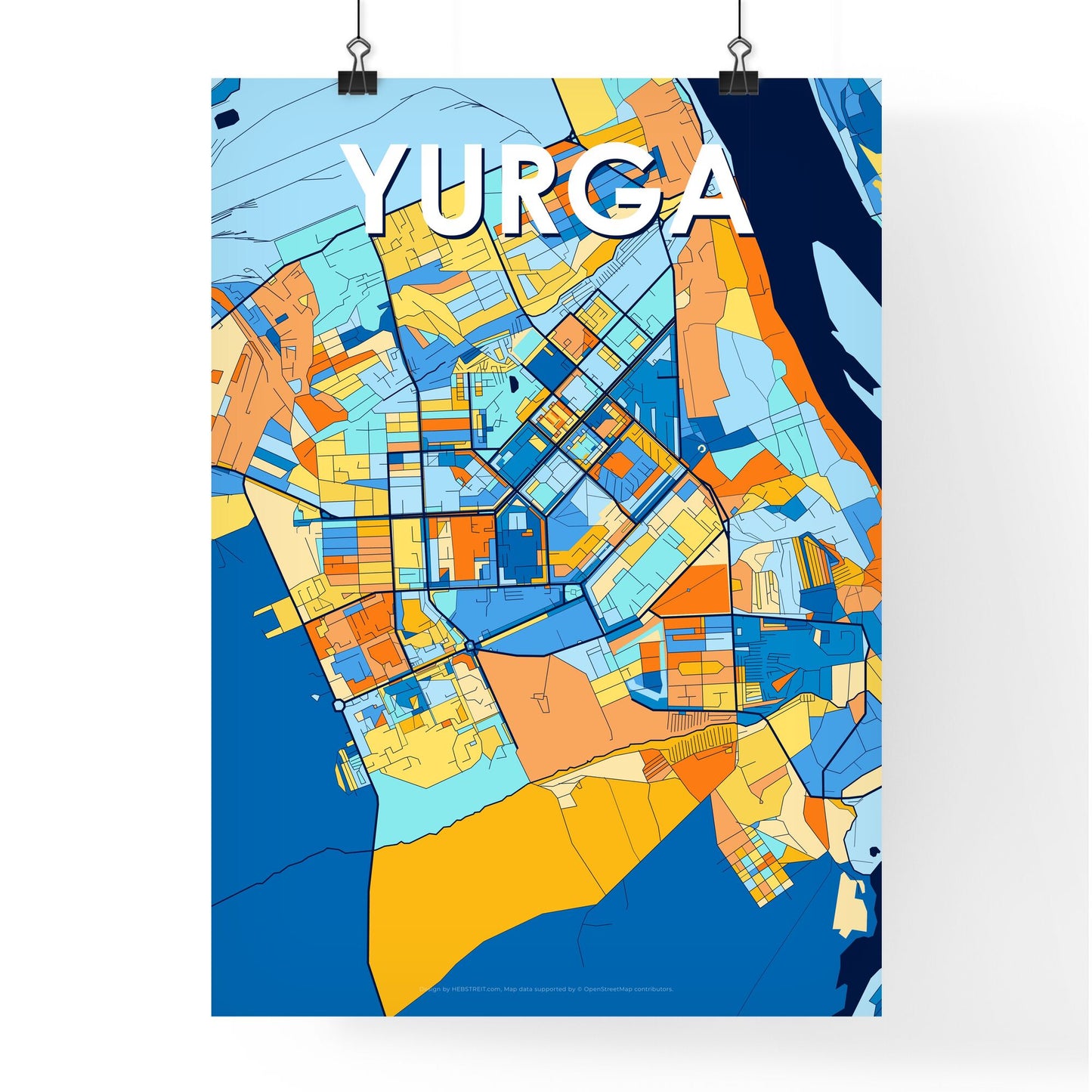 YURGA RUSSIA Vibrant Colorful Art Map Poster Blue Orange