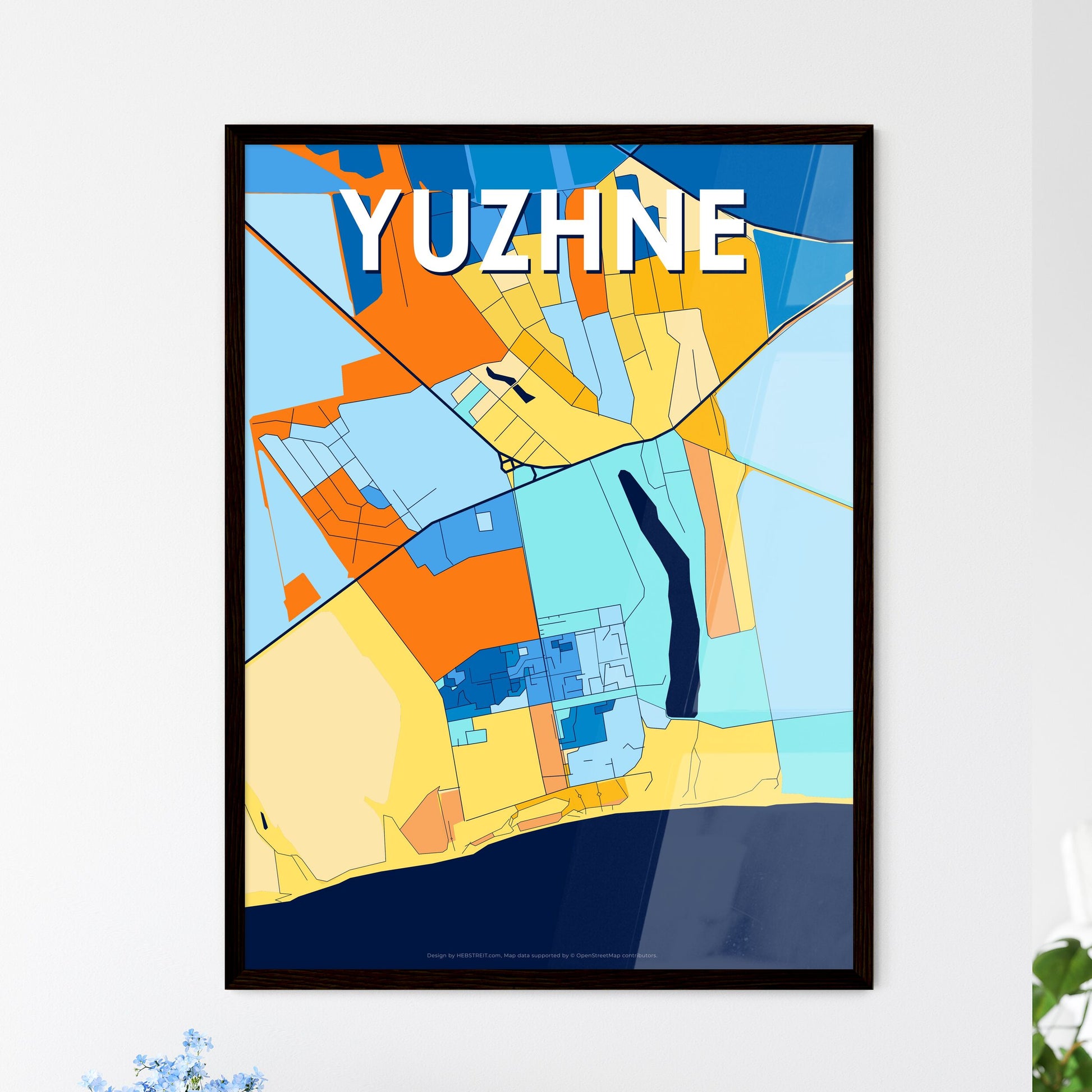 YUZHNE UKRAINE Vibrant Colorful Art Map Poster Blue Orange