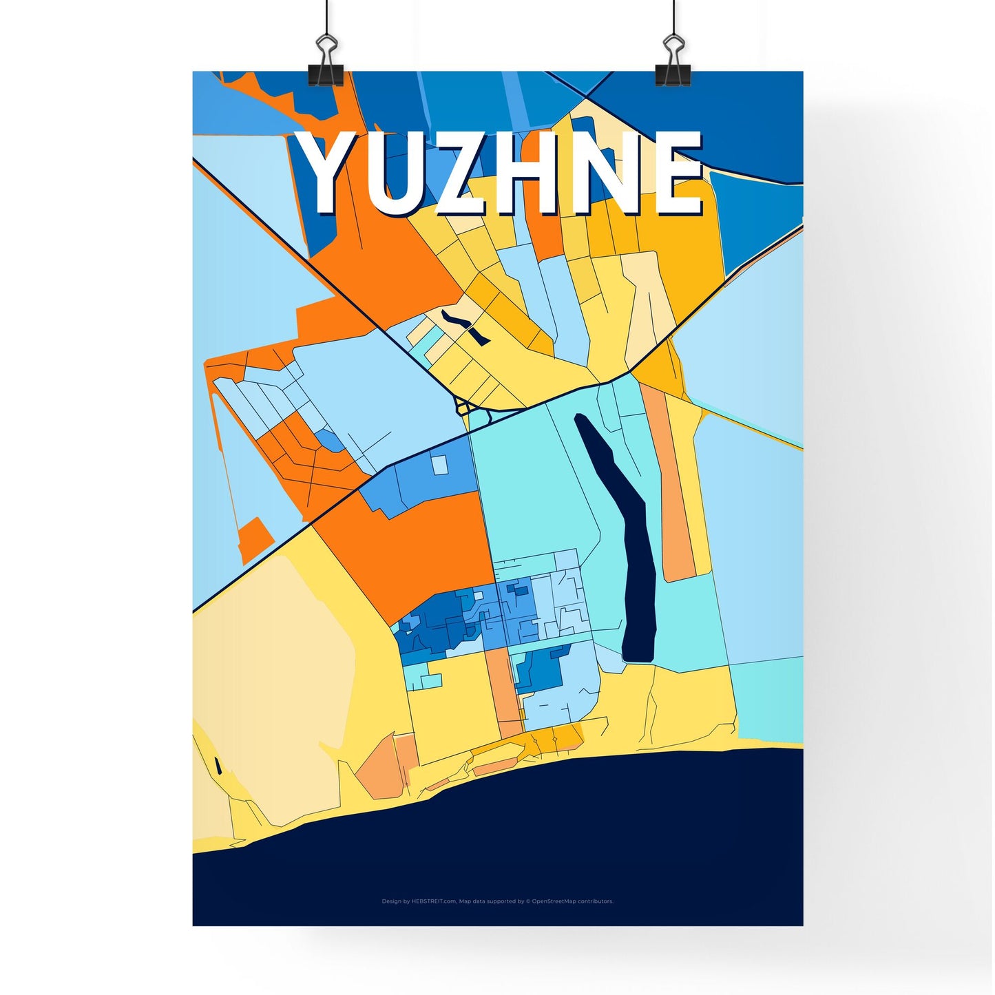 YUZHNE UKRAINE Vibrant Colorful Art Map Poster Blue Orange