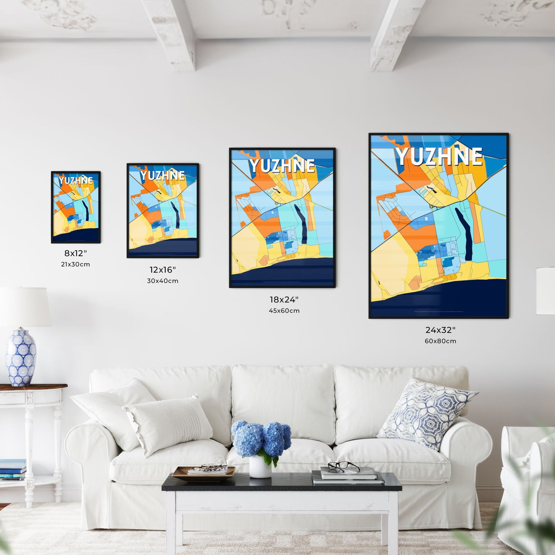 YUZHNE UKRAINE Vibrant Colorful Art Map Poster Blue Orange