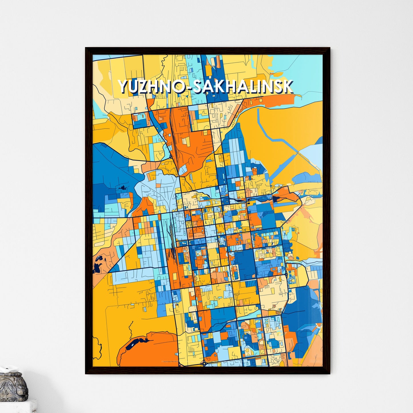 YUZHNO-SAKHALINSK RUSSIA Vibrant Colorful Art Map Poster Blue Orange