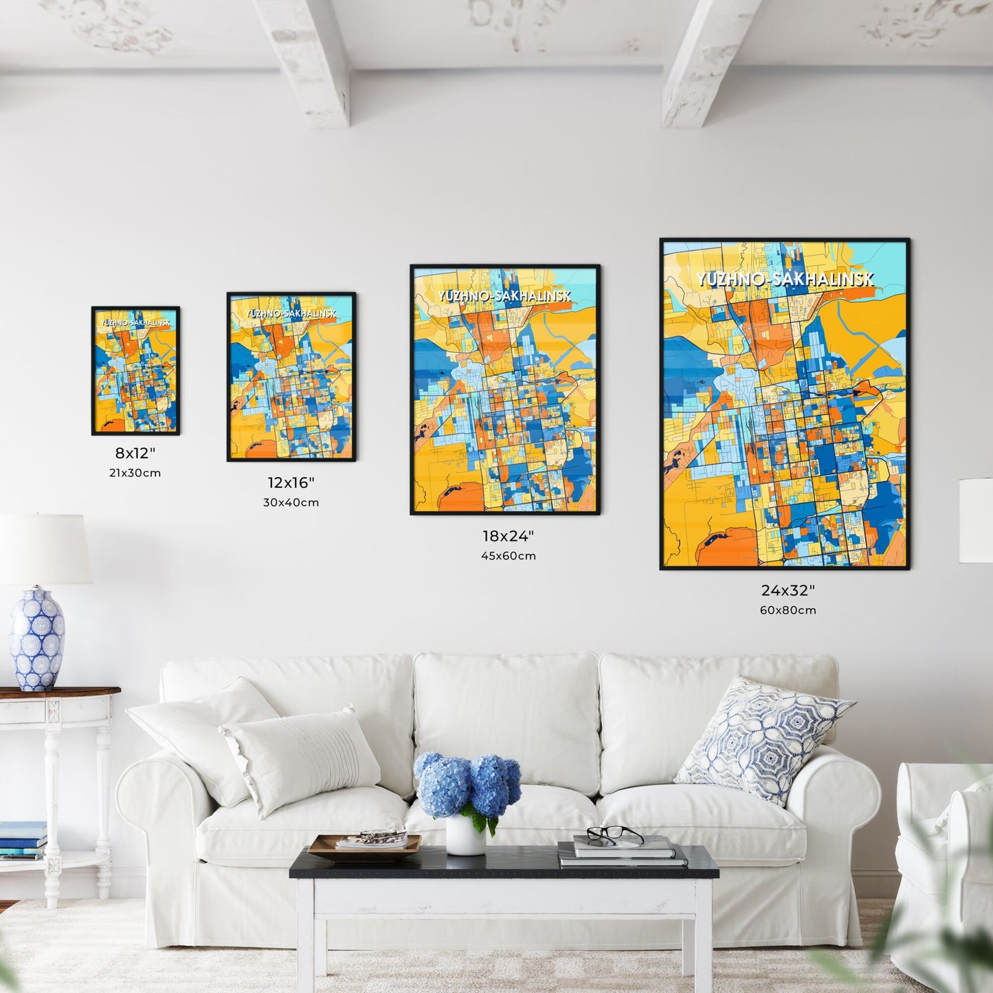 YUZHNO-SAKHALINSK RUSSIA Vibrant Colorful Art Map Poster Blue Orange