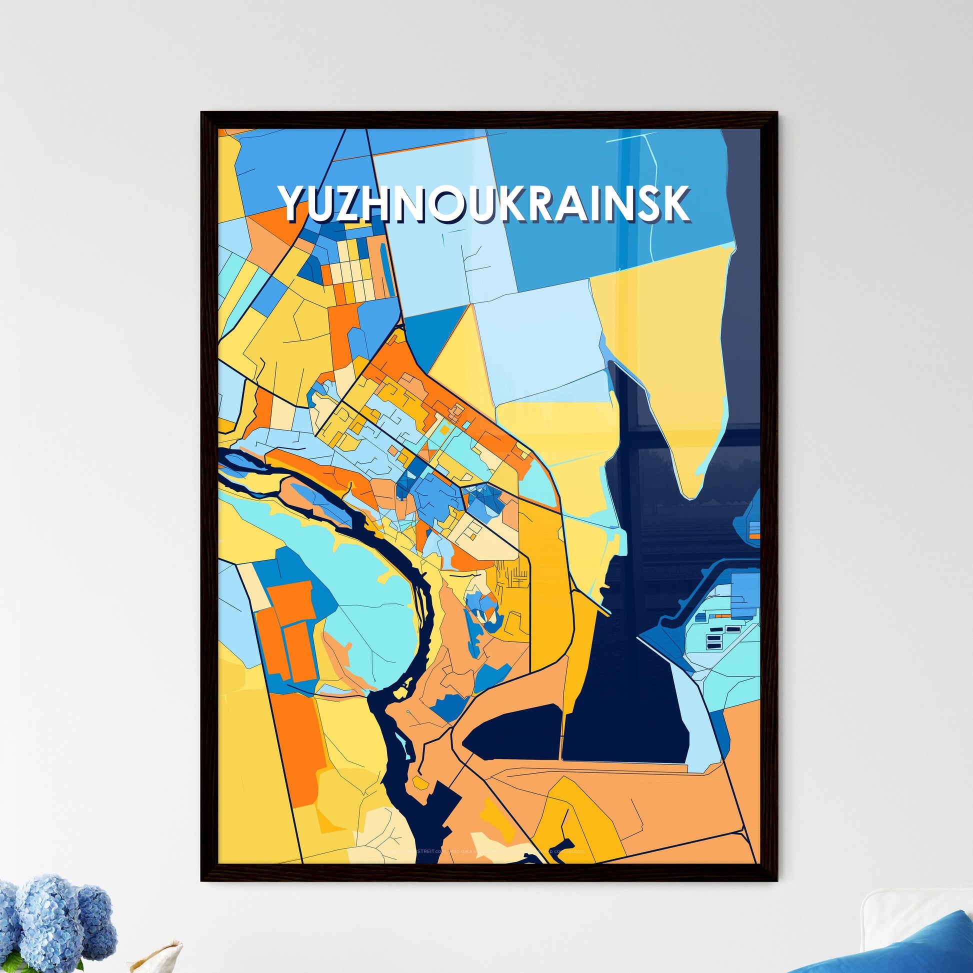 YUZHNOUKRAINSK UKRAINE Vibrant Colorful Art Map Poster Blue Orange