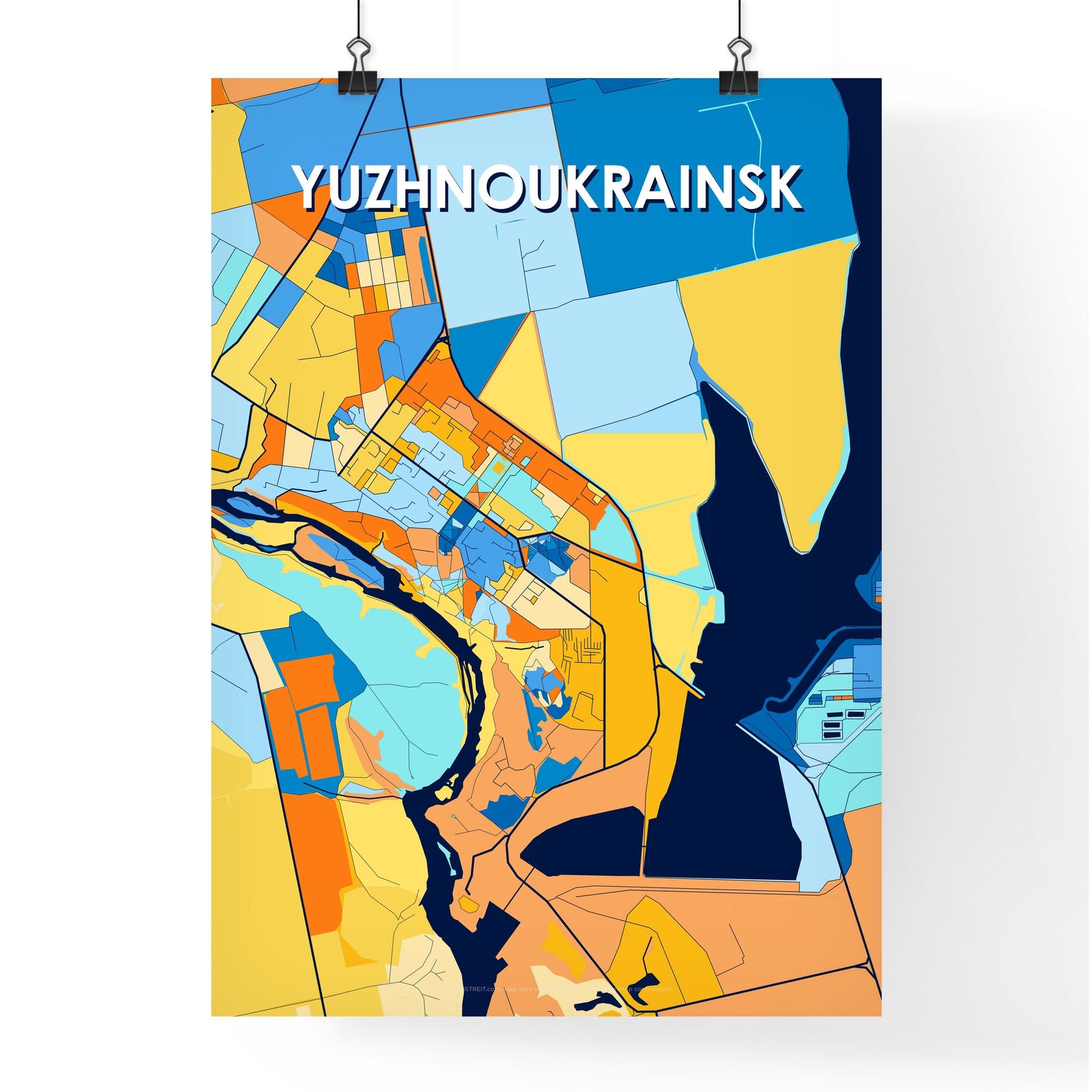 YUZHNOUKRAINSK UKRAINE Vibrant Colorful Art Map Poster Blue Orange