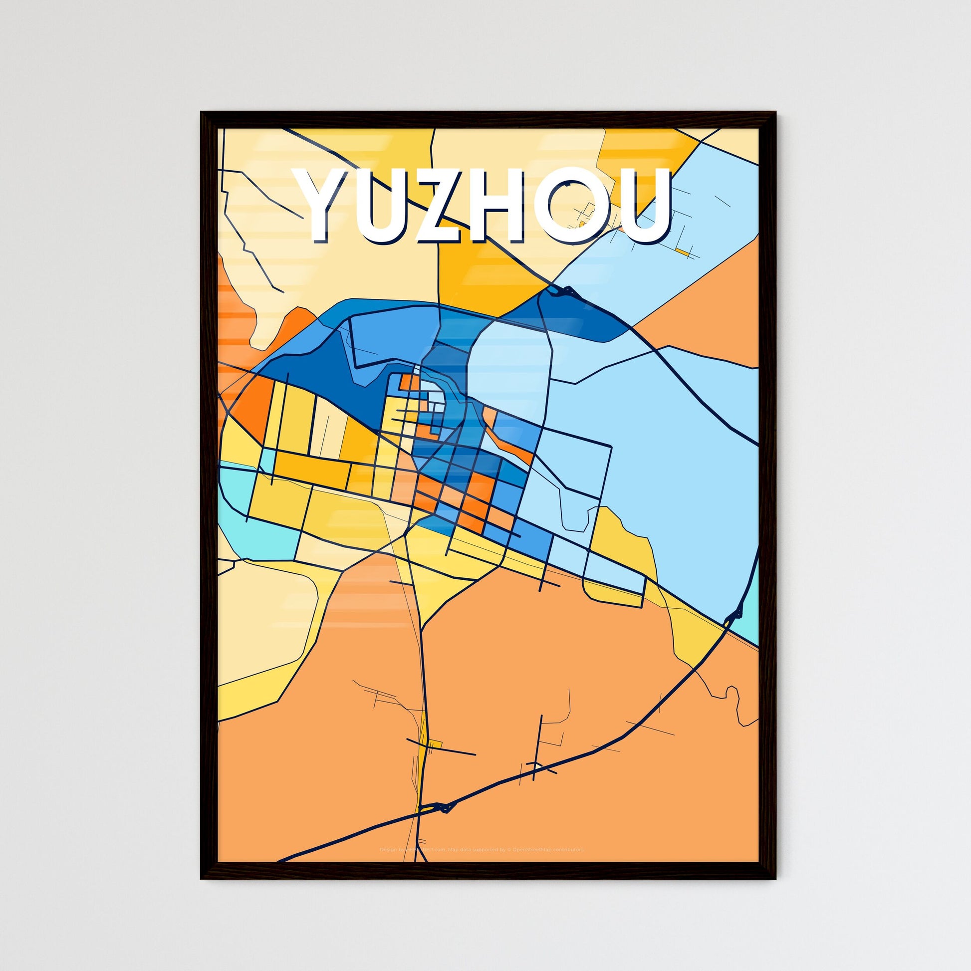 YUZHOU CHINA Vibrant Colorful Art Map Poster Blue Orange