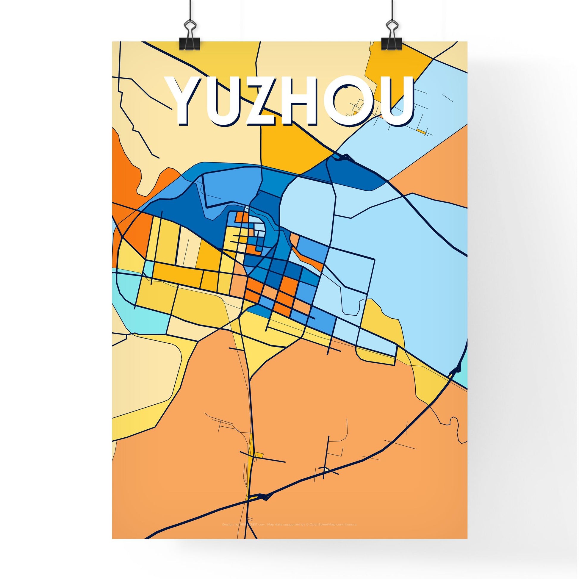 YUZHOU CHINA Vibrant Colorful Art Map Poster Blue Orange