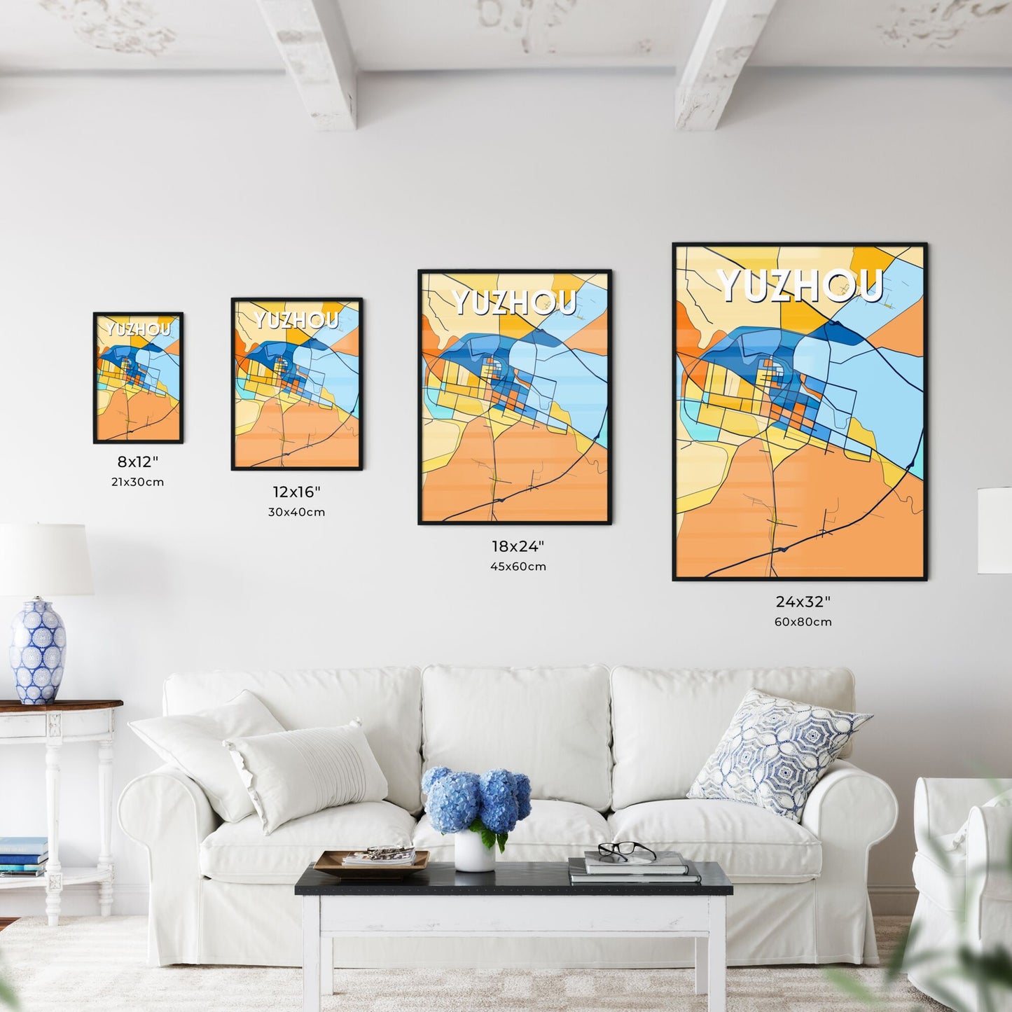 YUZHOU CHINA Vibrant Colorful Art Map Poster Blue Orange