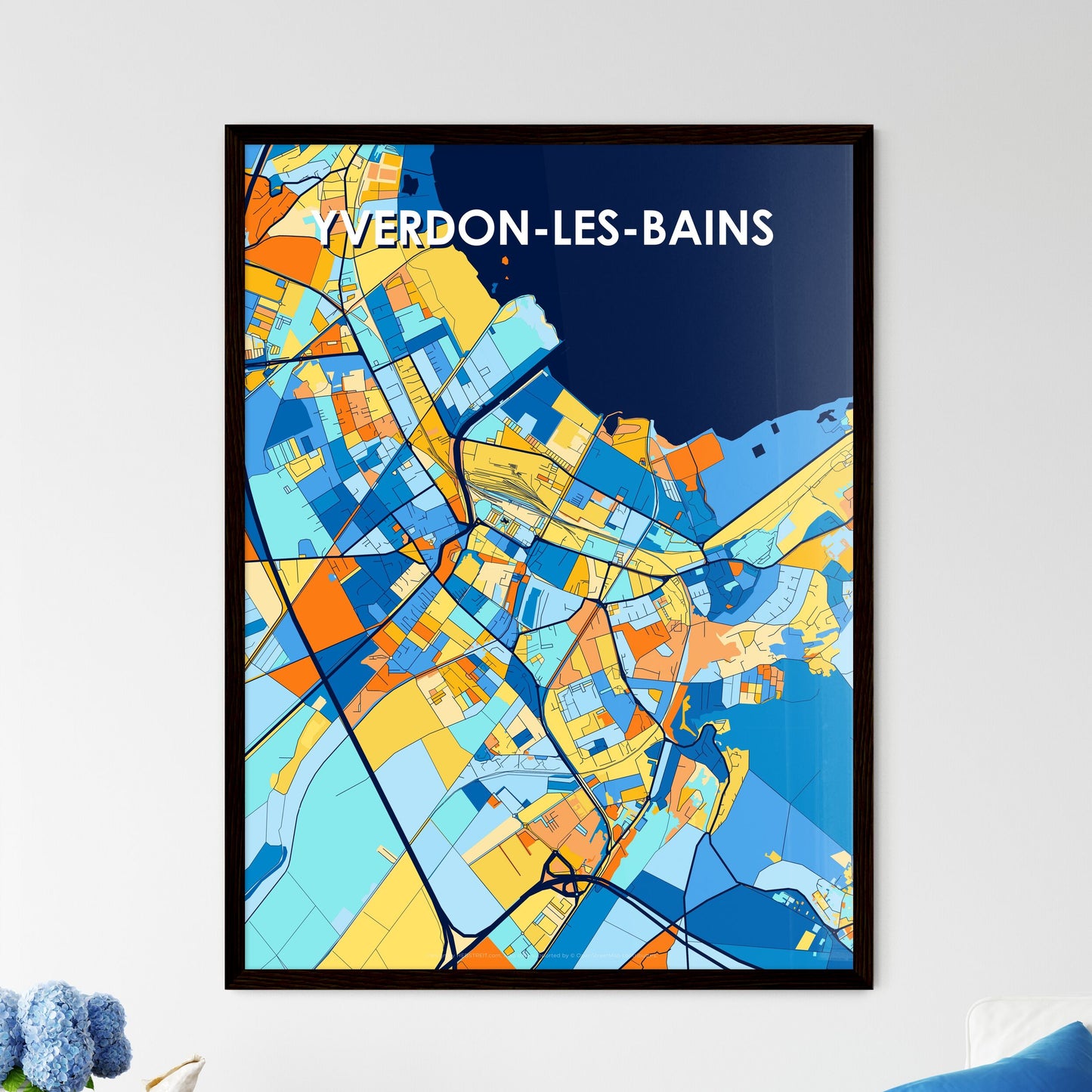 YVERDON-LES-BAINS SWITZERLAND Vibrant Colorful Art Map Poster Blue Orange