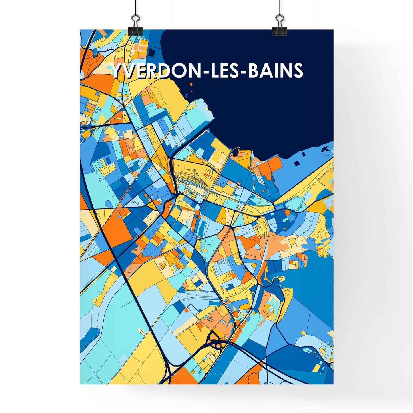 YVERDON-LES-BAINS SWITZERLAND Vibrant Colorful Art Map Poster Blue Orange