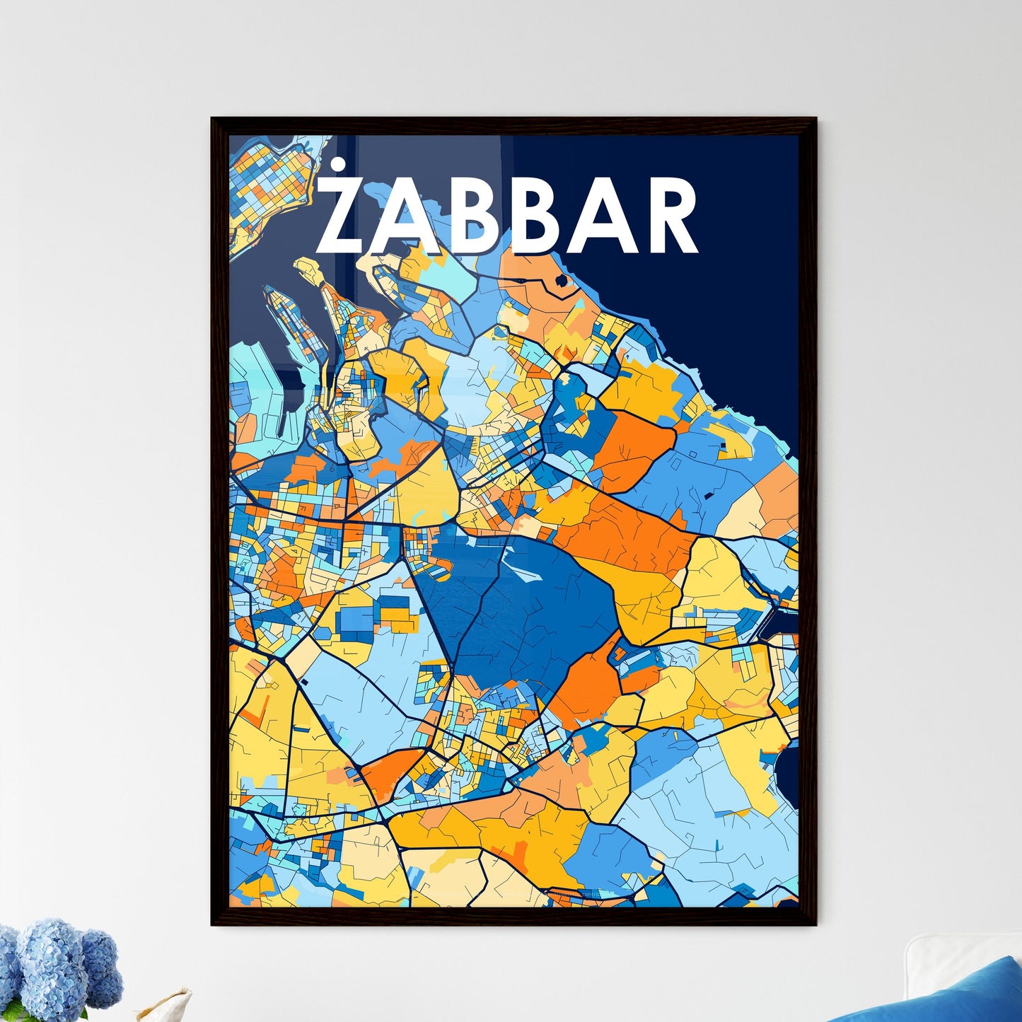 ŻABBAR MALTA Vibrant Colorful Art Map Poster Blue Orange