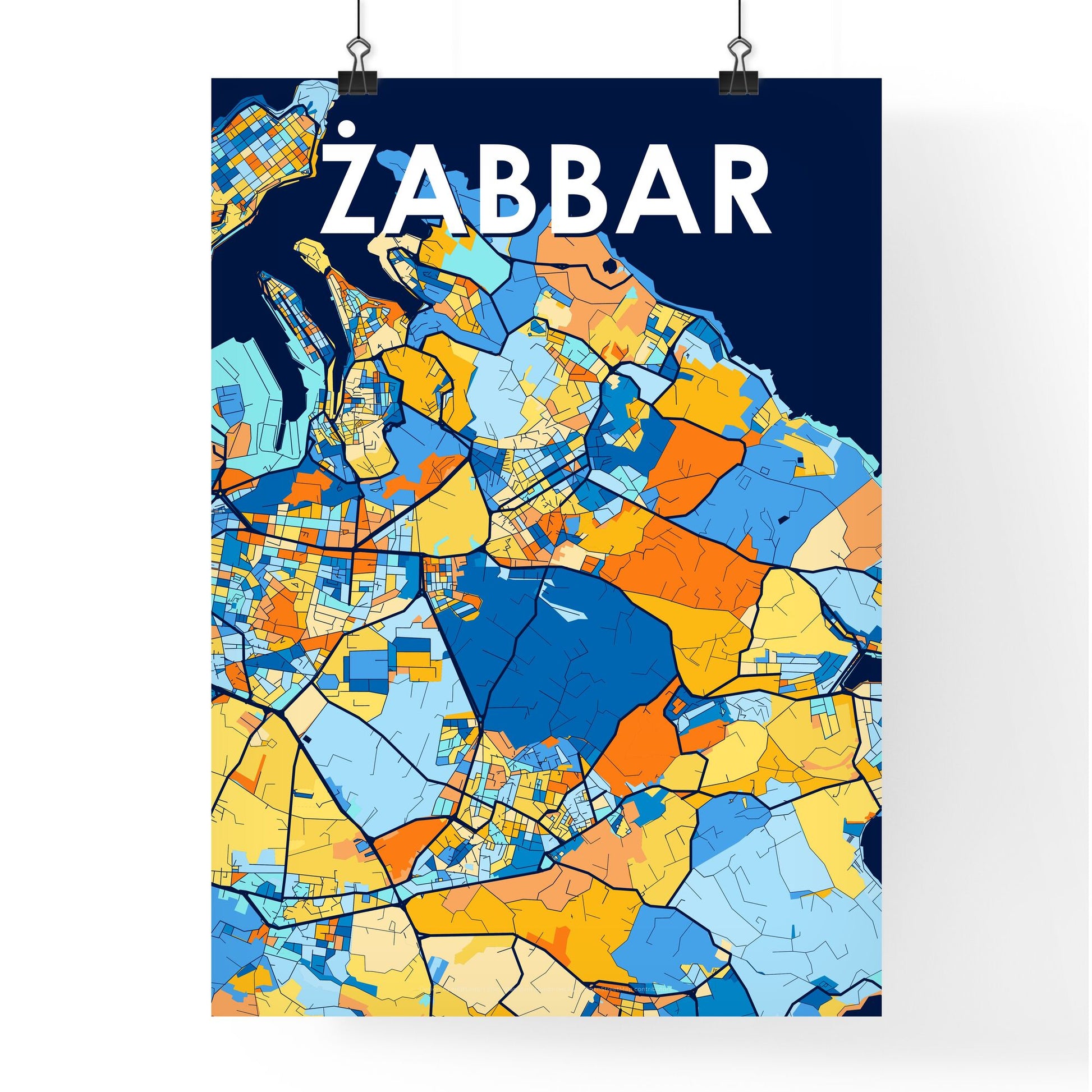 ŻABBAR MALTA Vibrant Colorful Art Map Poster Blue Orange