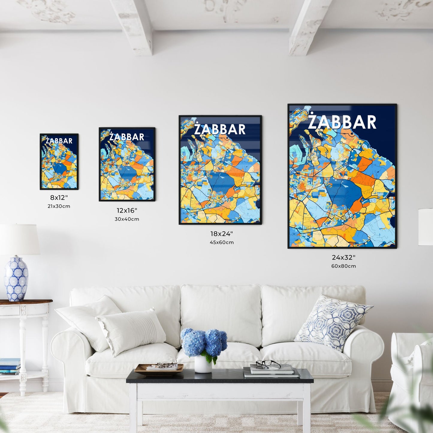 ŻABBAR MALTA Vibrant Colorful Art Map Poster Blue Orange