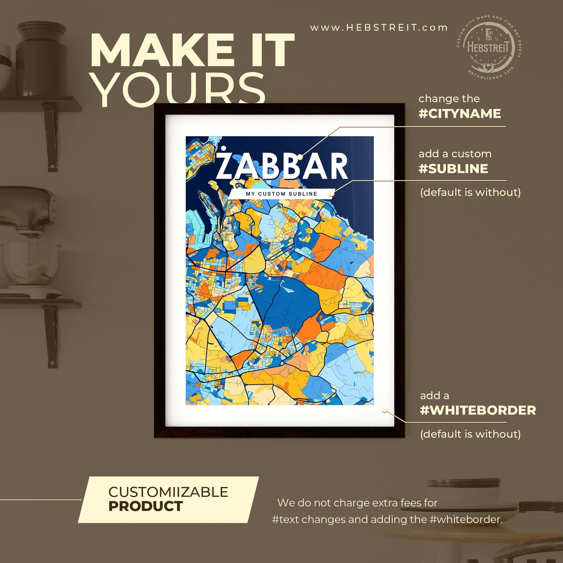 ŻABBAR MALTA Vibrant Colorful Art Map Poster Blue Orange