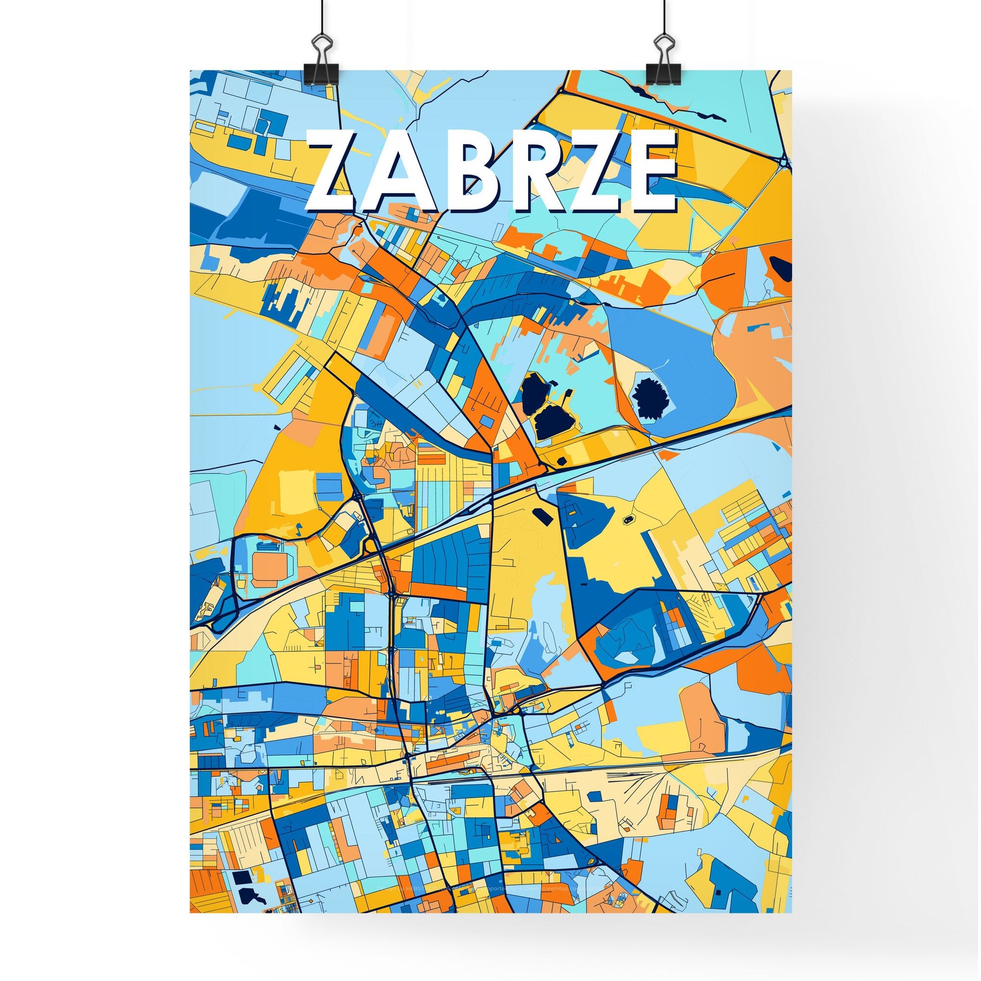 ZABRZE POLAND Vibrant Colorful Art Map Poster Blue Orange