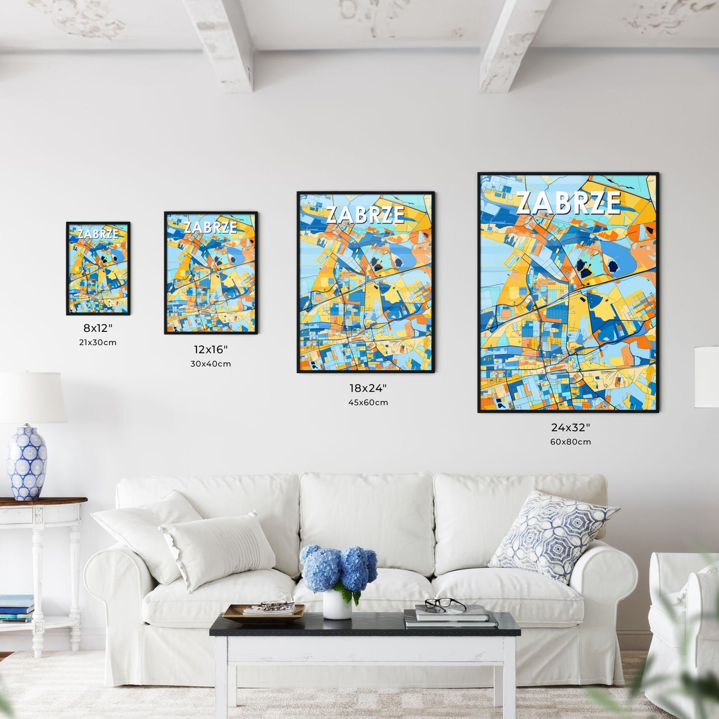 ZABRZE POLAND Vibrant Colorful Art Map Poster Blue Orange