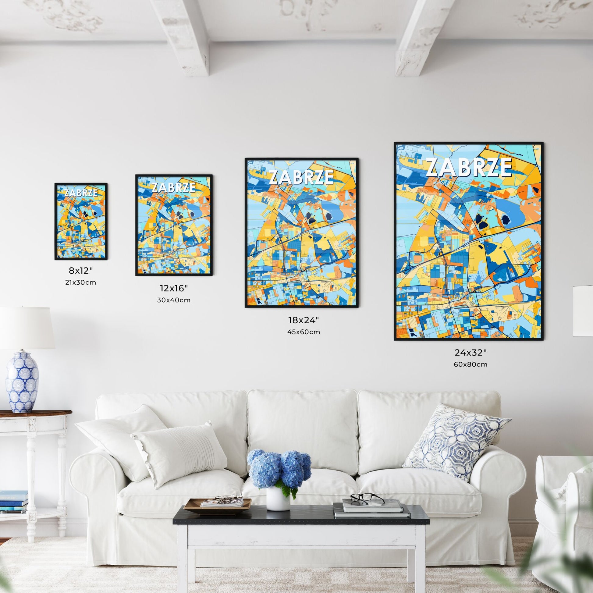 ZABRZE POLAND Vibrant Colorful Art Map Poster Blue Orange