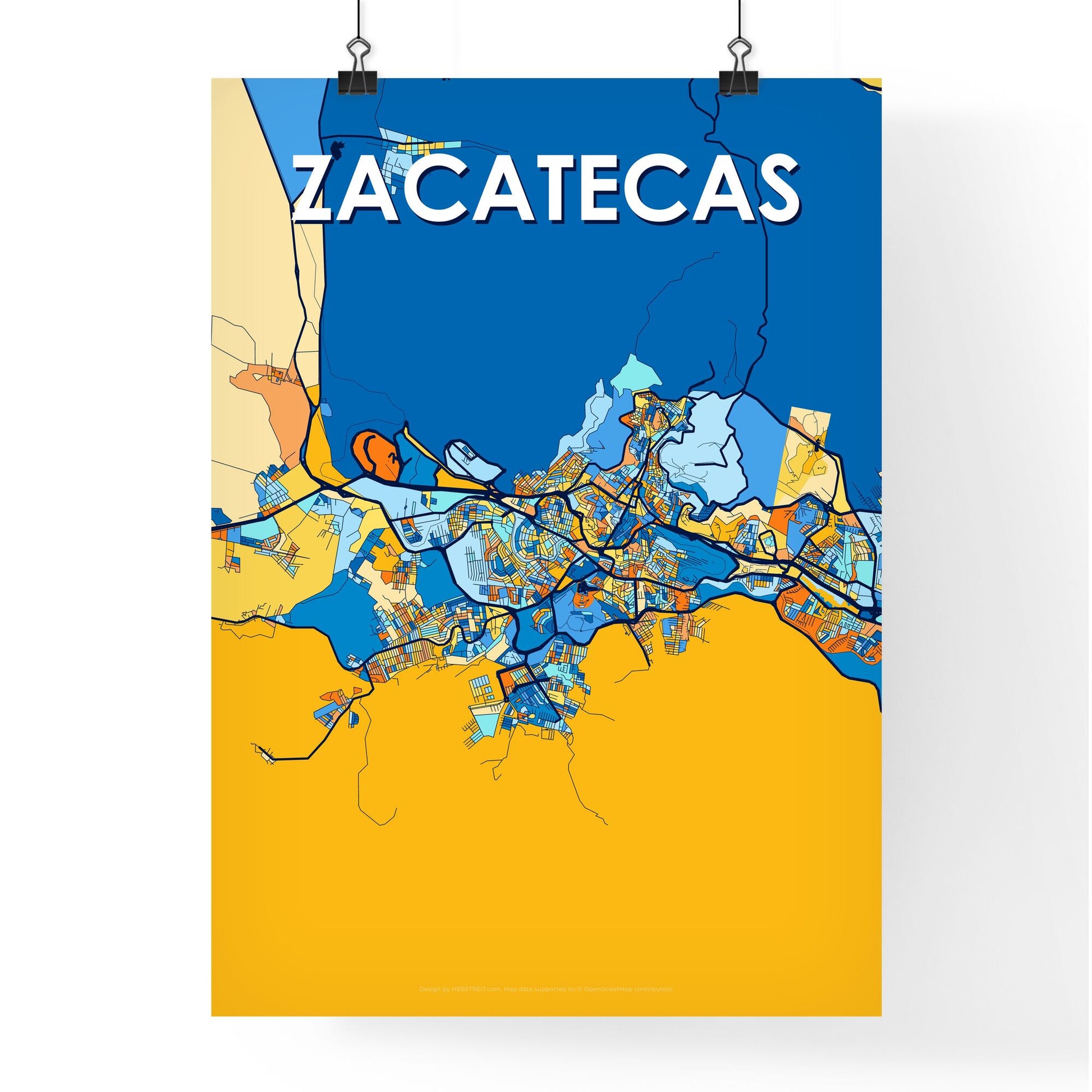 ZACATECAS MEXICO Vibrant Colorful Art Map Poster Blue Orange