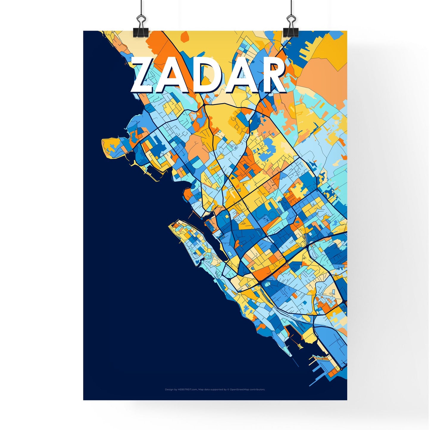 ZADAR CROATIA Vibrant Colorful Art Map Poster Blue Orange