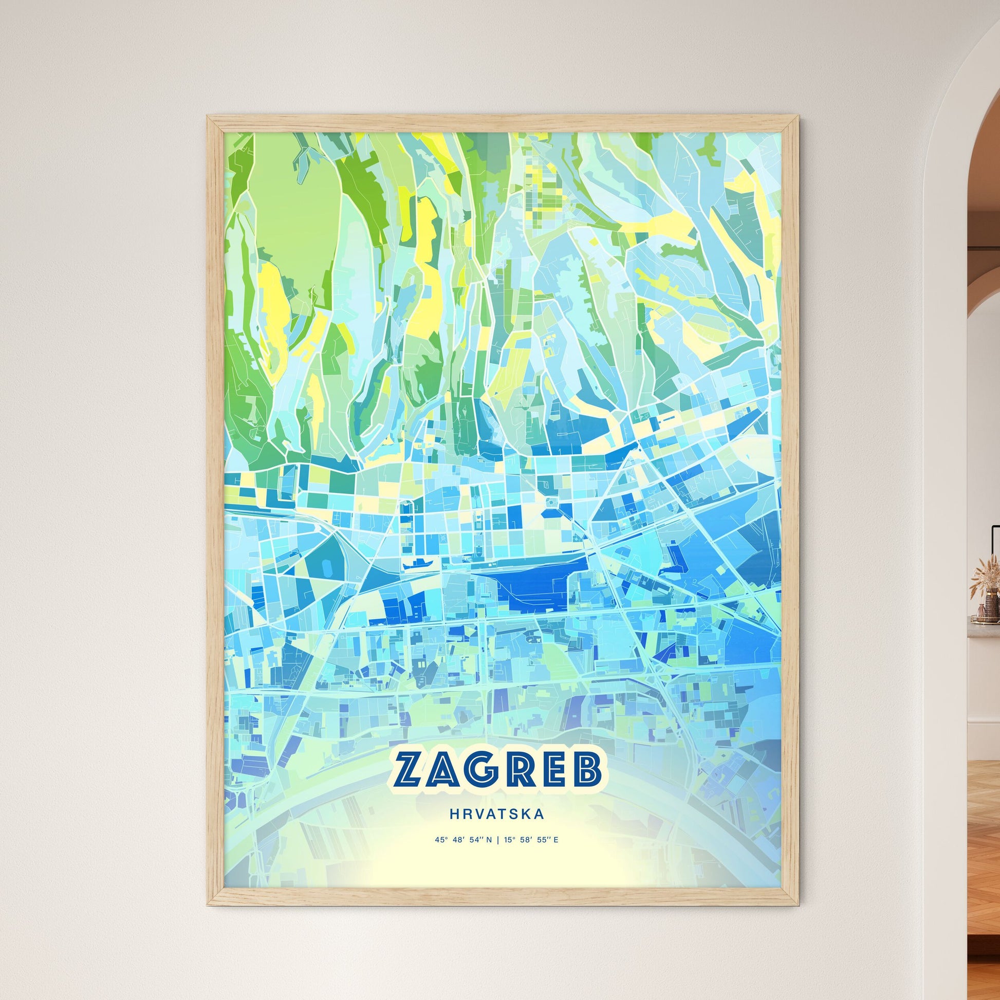 Colorful Zagreb Croatia Fine Art Map Cool Blue