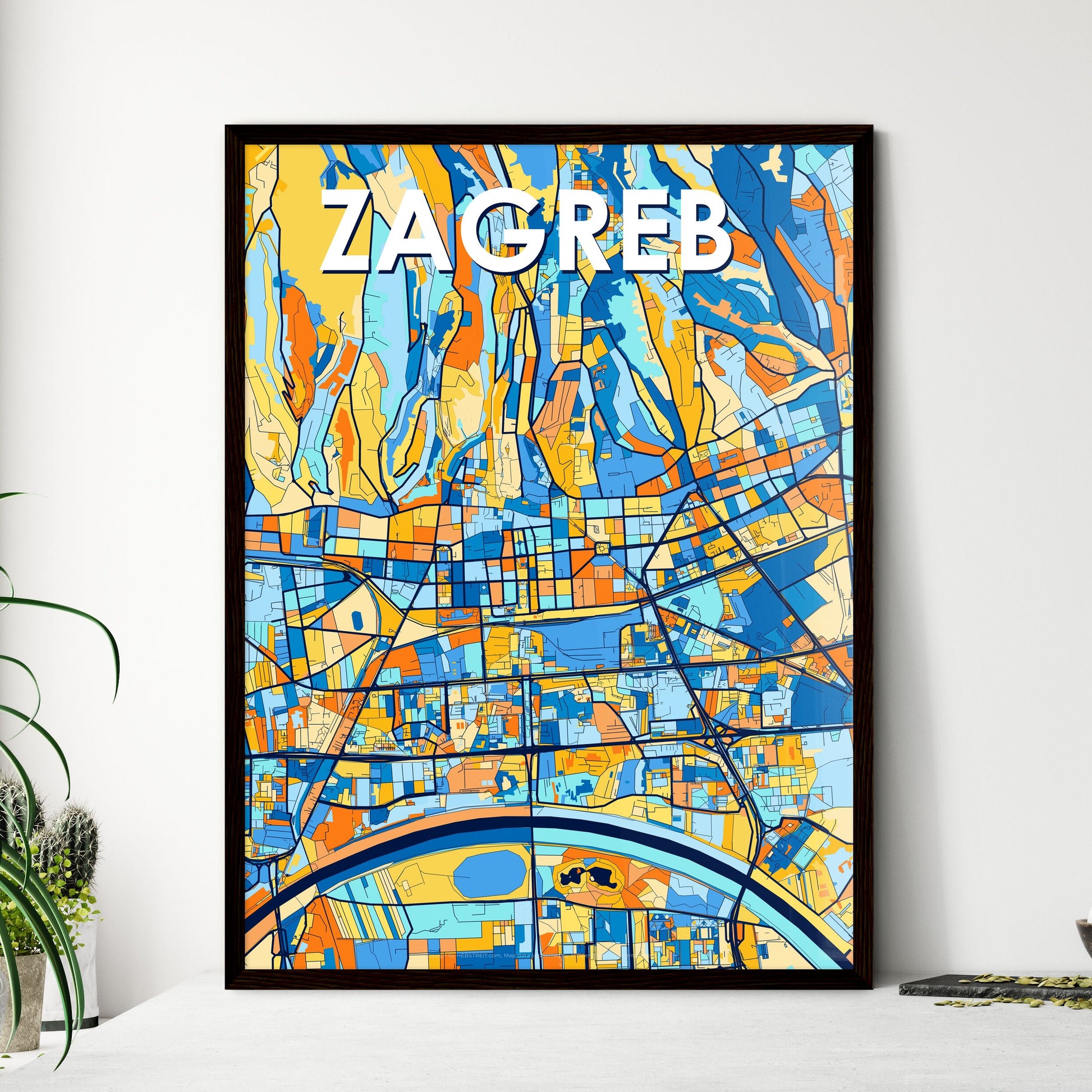 ZAGREB CROATIA Vibrant Colorful Art Map Poster Blue Orange