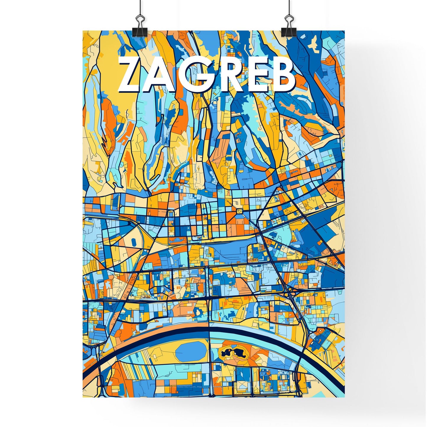 ZAGREB CROATIA Vibrant Colorful Art Map Poster Blue Orange